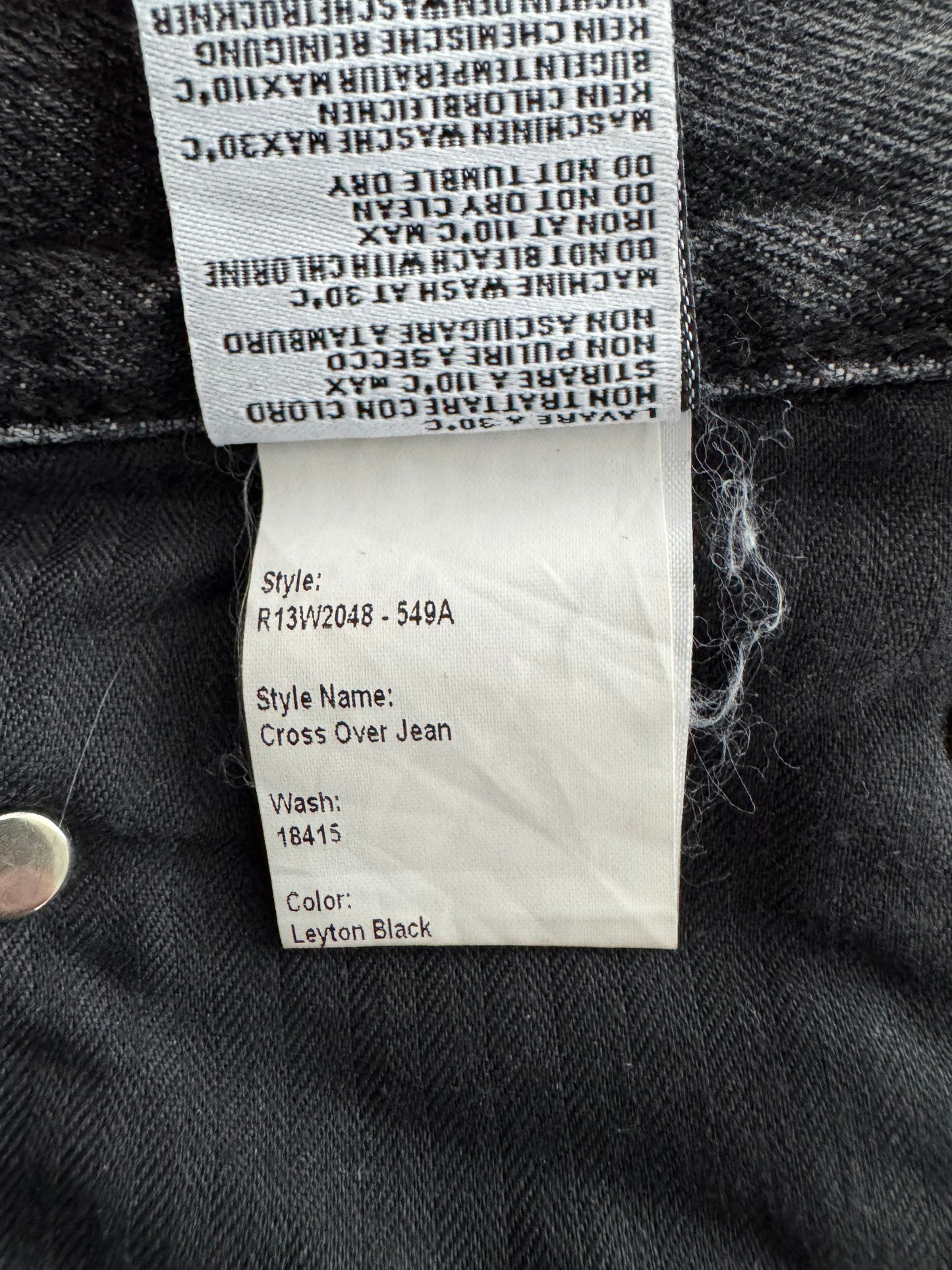 R13 Crossover Jean in "Leyton Black", size 25 (fits like a 27)
