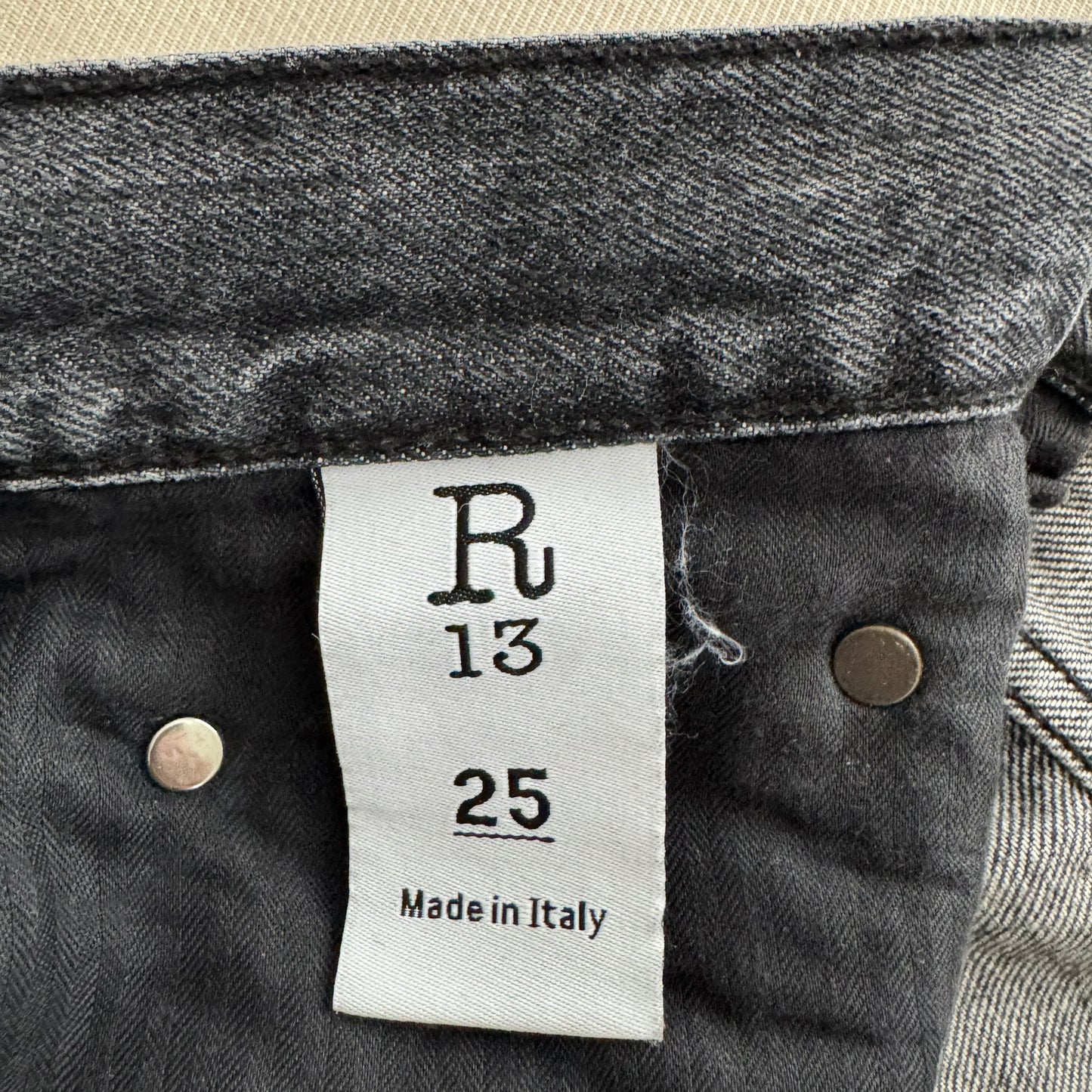R13 Crossover Jean in "Leyton Black", size 25 (fits like a 27)