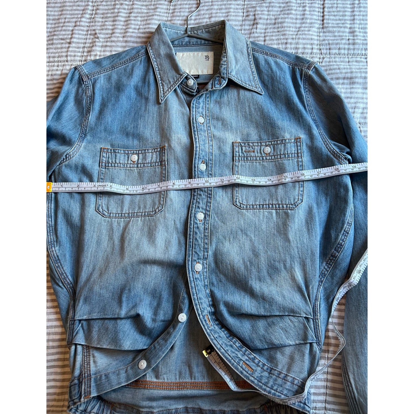 R13 Wrap Around Denim Work Shirt in "River Blue", size XS