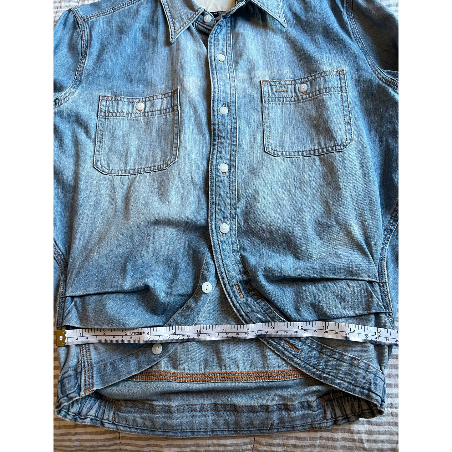 R13 Wrap Around Denim Work Shirt in "River Blue", size XS