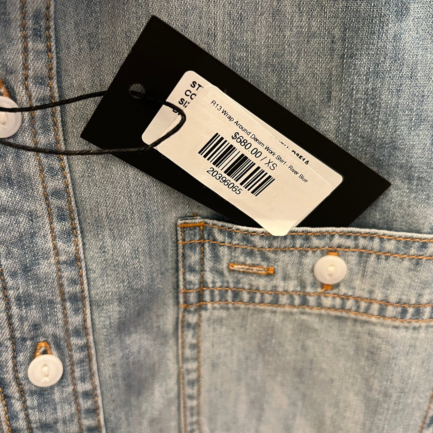 R13 Wrap Around Denim Work Shirt in "River Blue", size XS