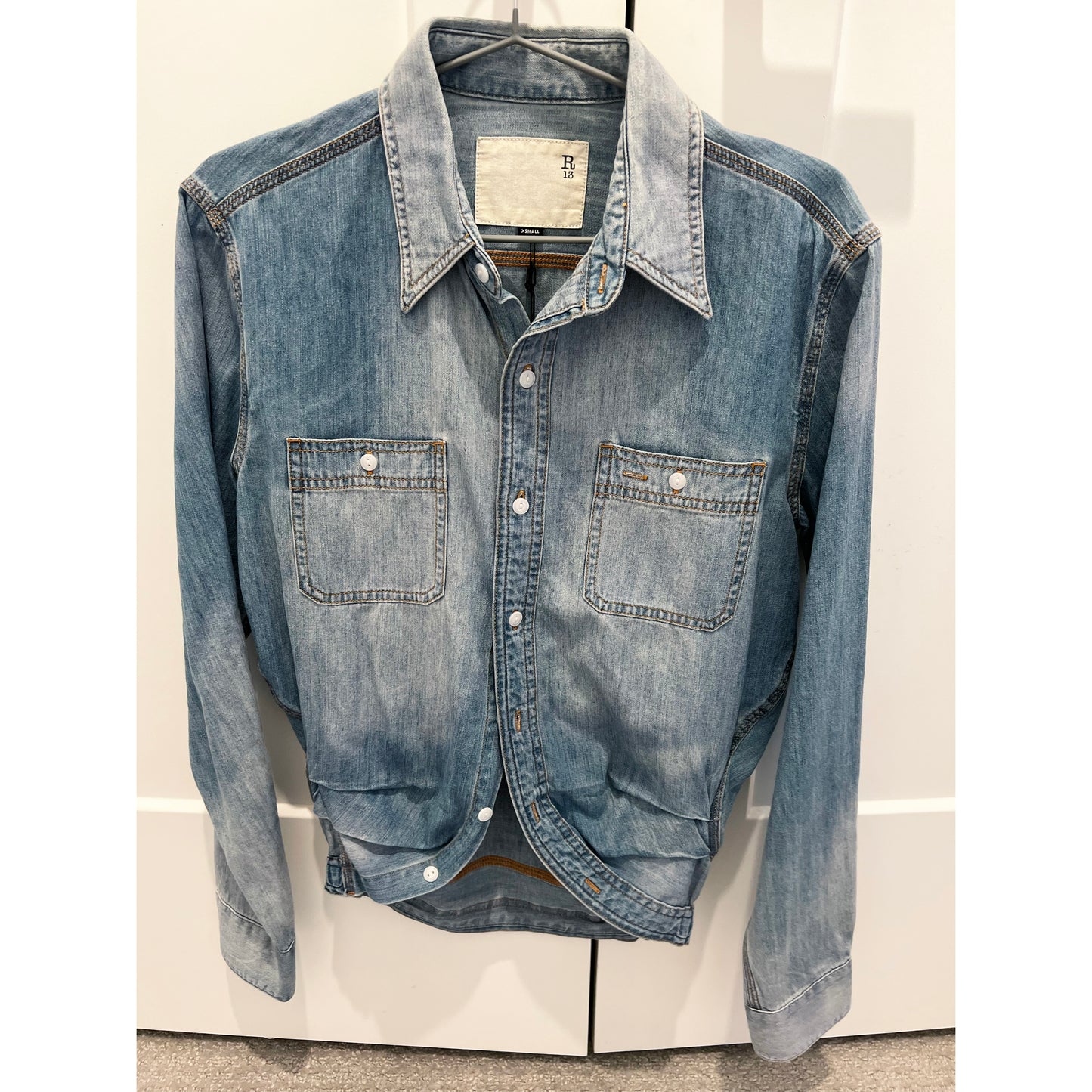 R13 Wrap Around Denim Work Shirt in "River Blue", size XS