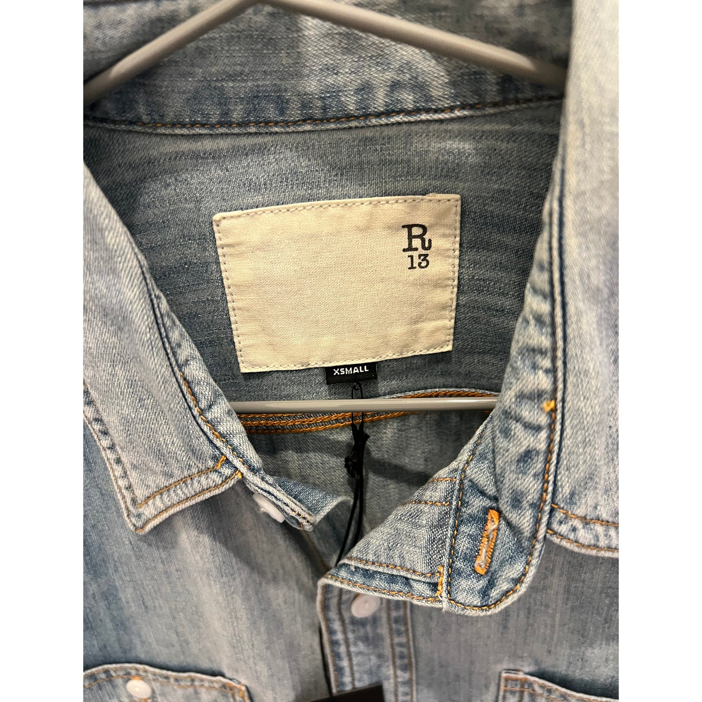 R13 Wrap Around Denim Work Shirt in "River Blue", size XS