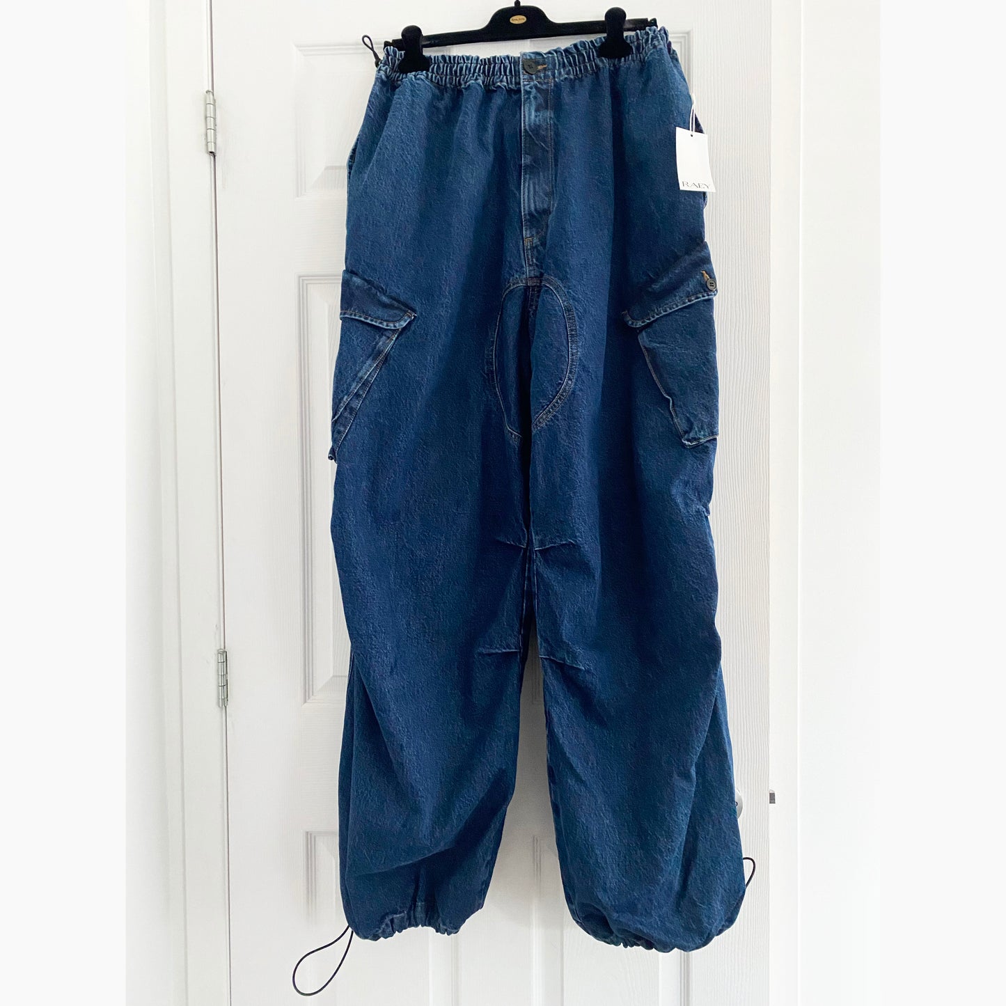 RAEY Dark Indigo Oversize Drawstring Jeans in Blue, size 32 (fits 32/33/34)