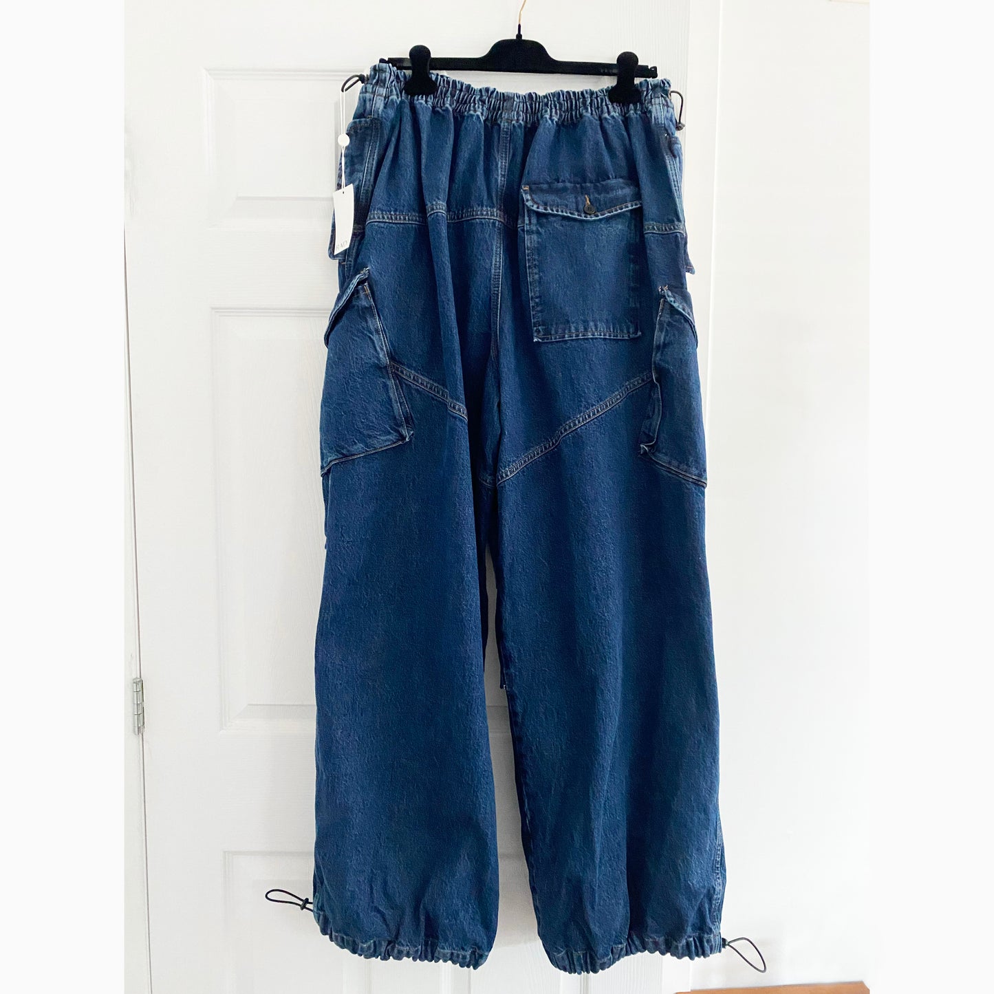 RAEY Dark Indigo Oversize Drawstring Jeans in Blue, size 32 (fits 32/33/34)