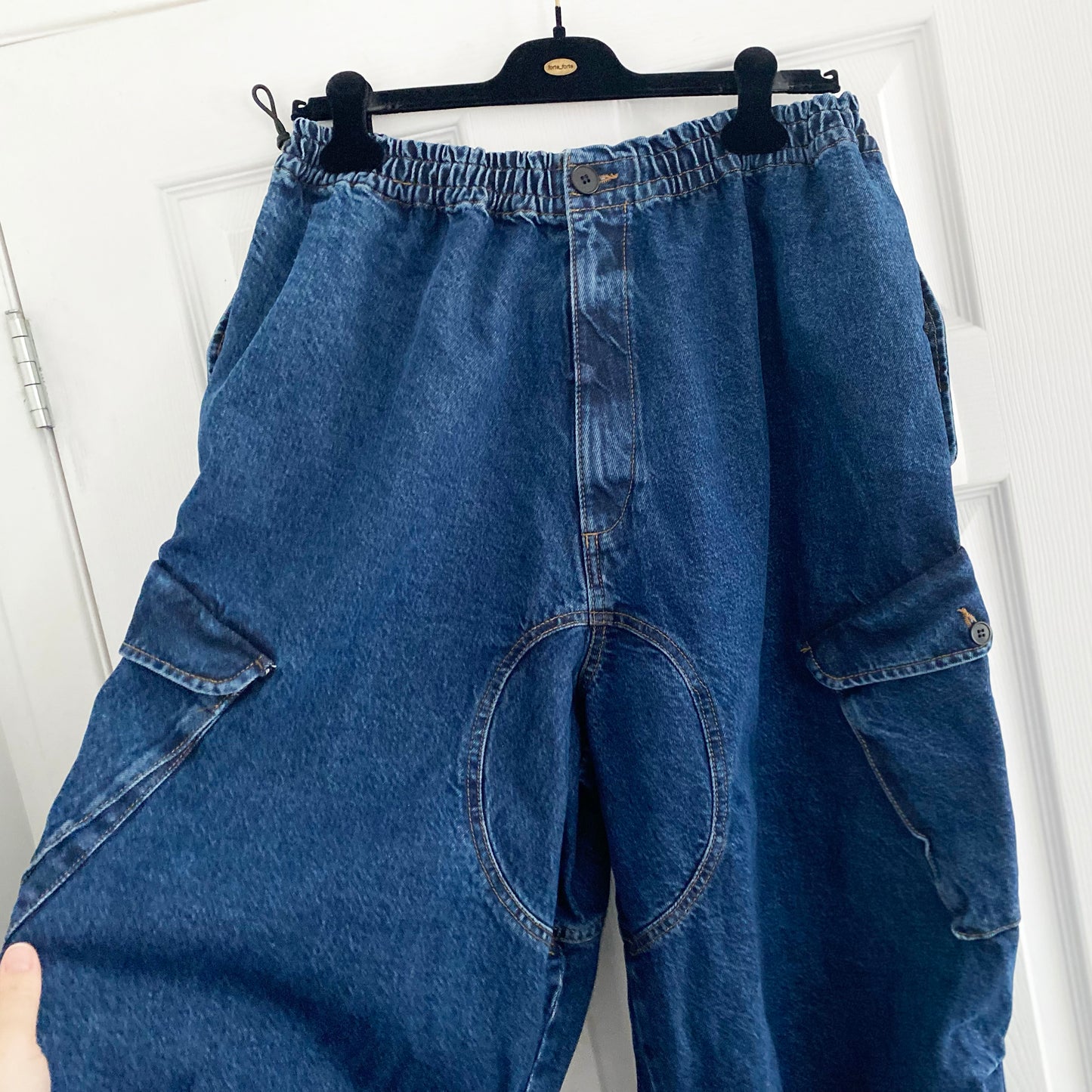 RAEY Dark Indigo Oversize Drawstring Jeans in Blue, size 32 (fits 32/33/34)