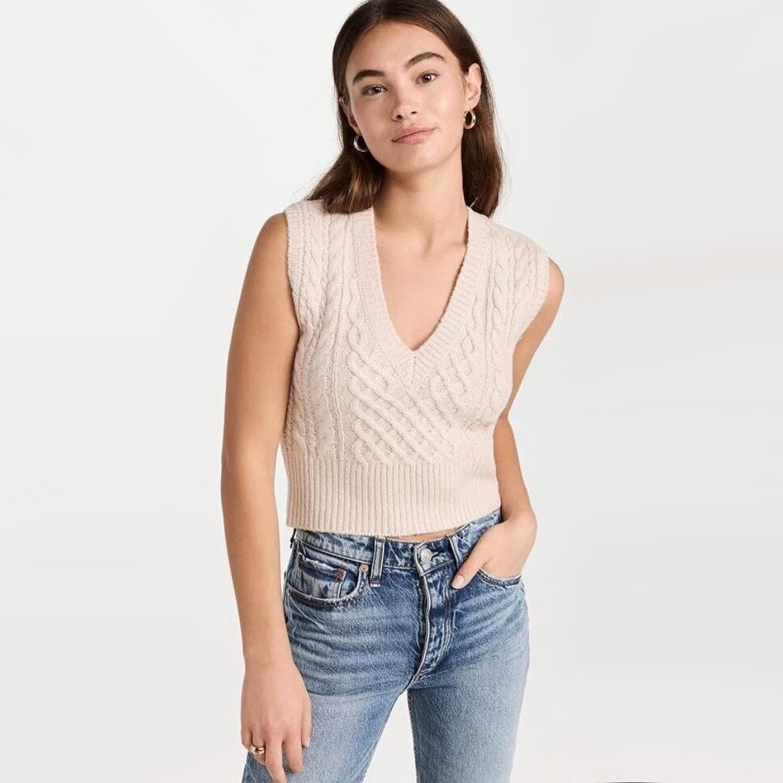 Rag & Bone "Elizabeth" Cable Knit Vest in Ivory, size XL (fits M-L)