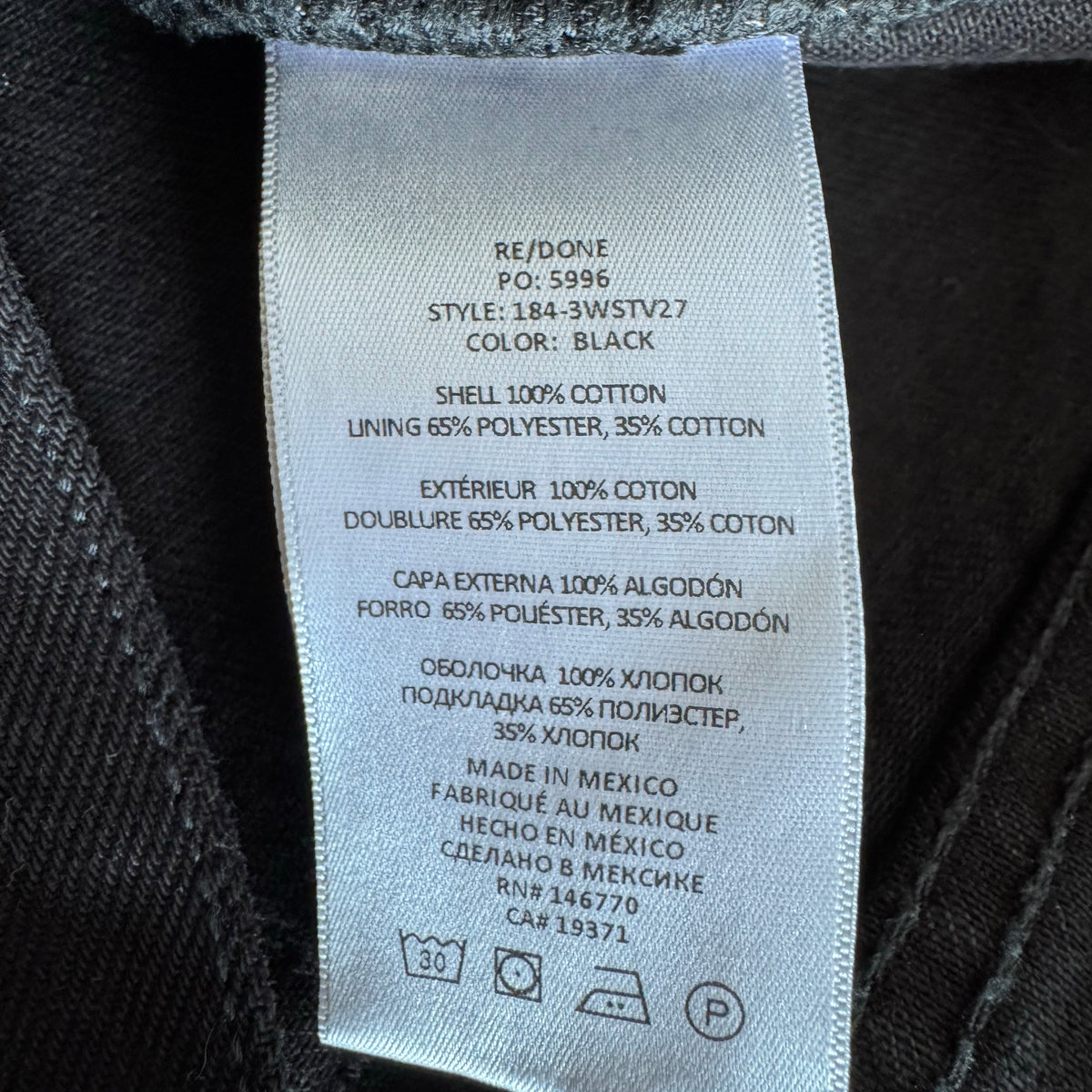 RE/DONE 70's Stove Pipe Jean in Black, size 32