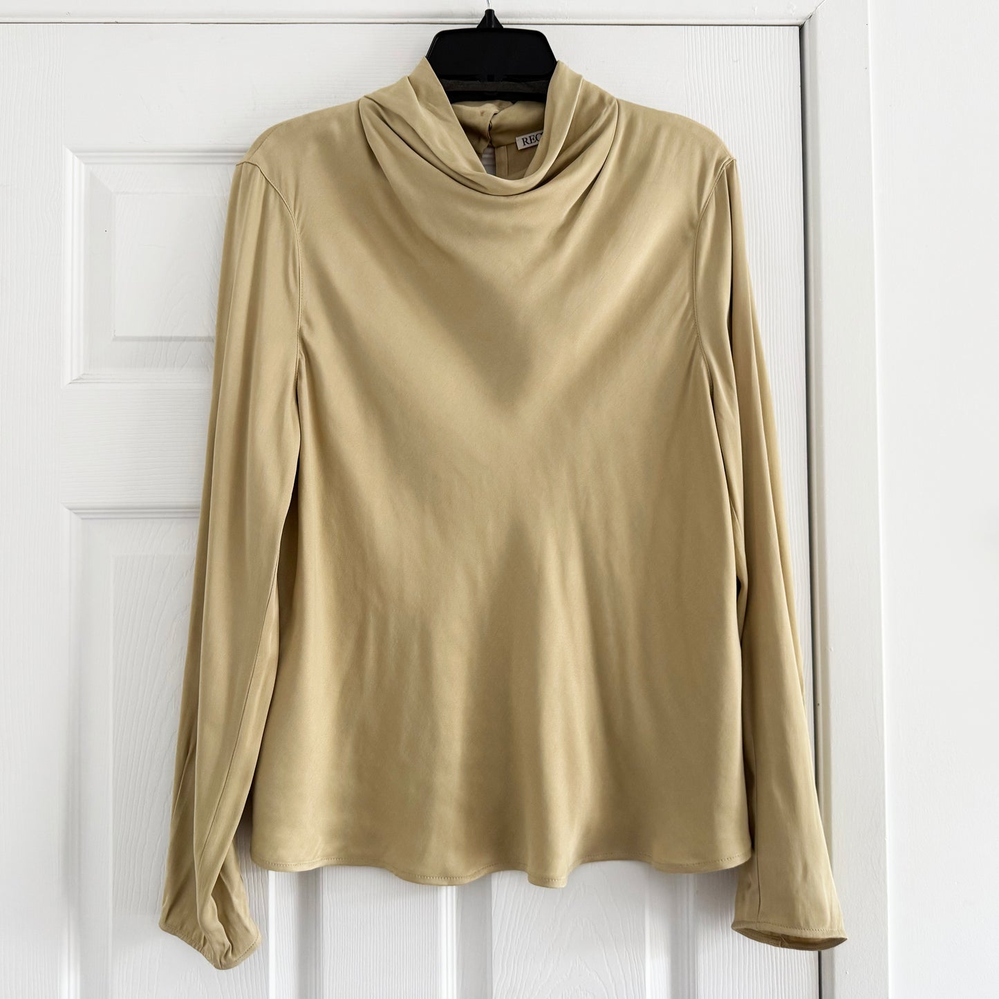 RECTO Long Sleeve Mock Neck Top in Beige, size Medium