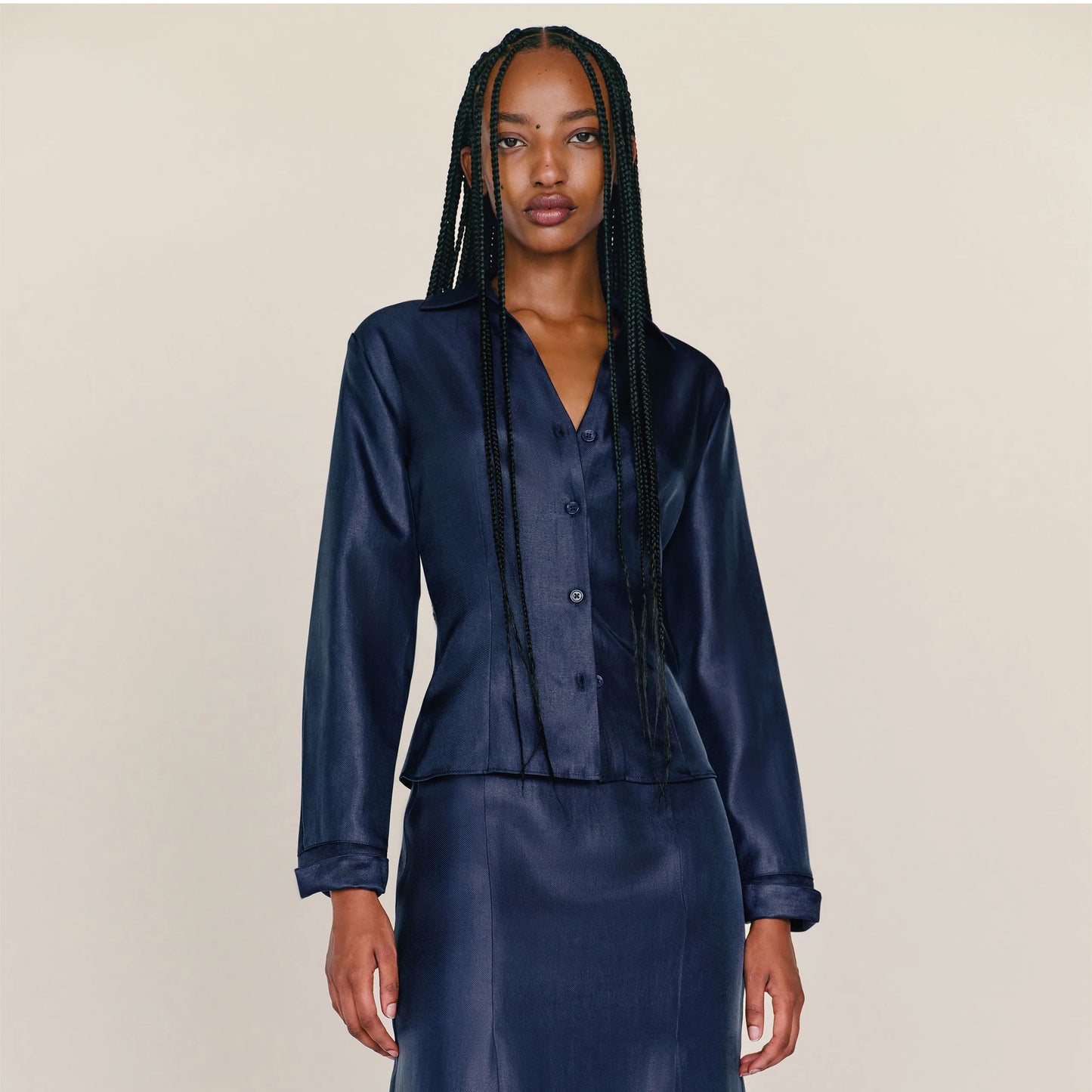 Reformation x Camille Rowe "Nico" Shirt in Blue, size 6 (fits size 4)