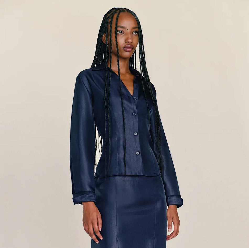 Reformation x Camille Rowe "Nico" Shirt in Blue, size 6 (fits size 4)