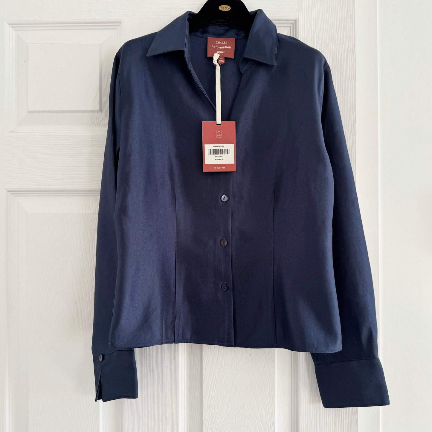 Reformation x Camille Rowe "Nico" Shirt in Blue, size 6 (fits size 4)