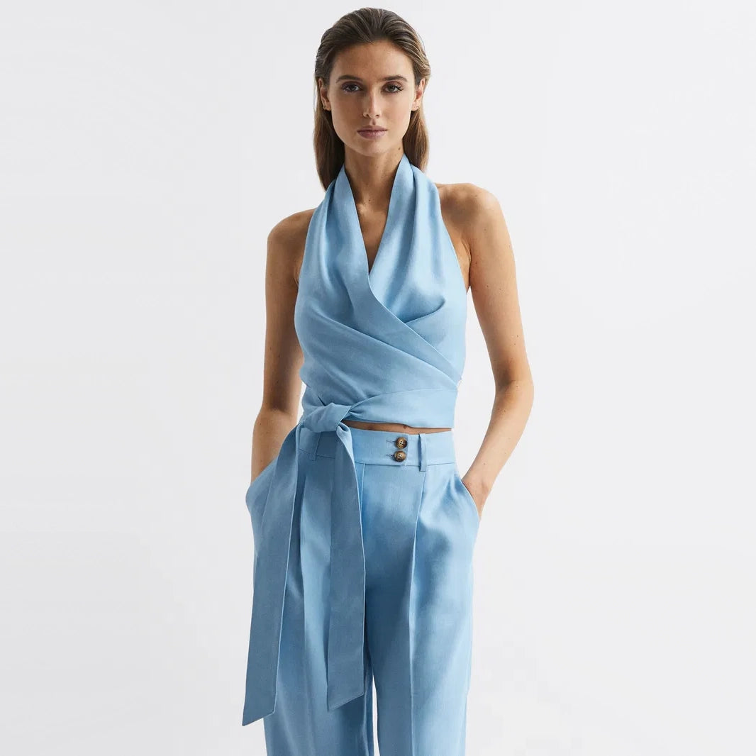 Reiss "Hollie" Linen Blend Halter Top in Blue, size 2US(6UK)