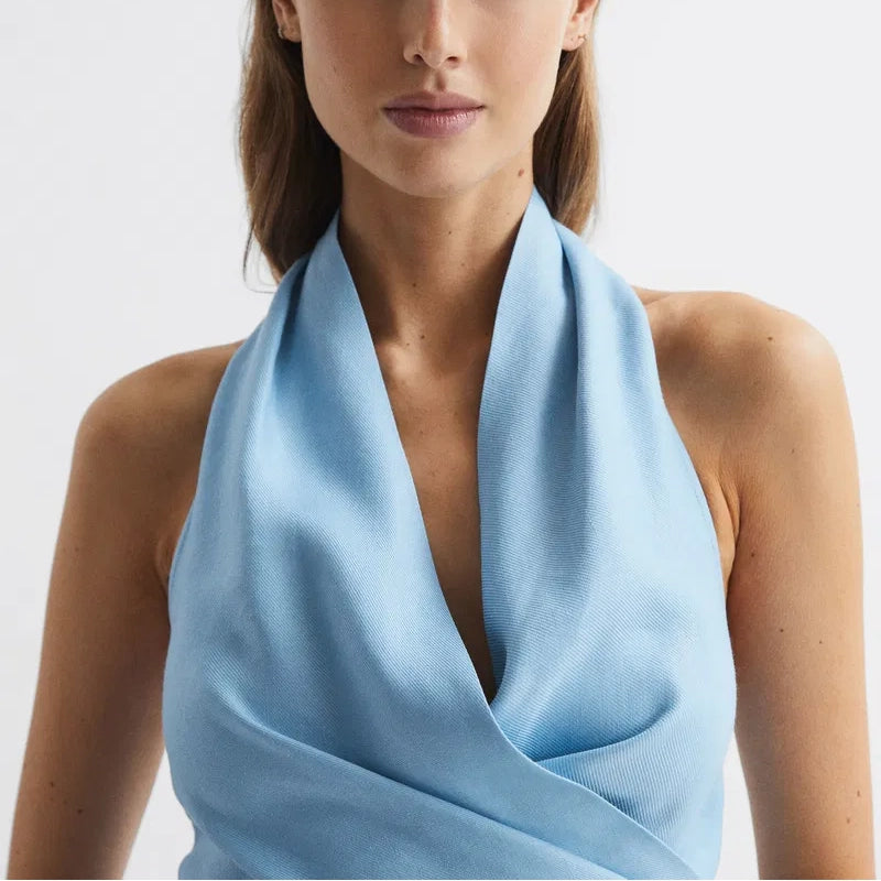 Reiss "Hollie" Linen Blend Halter Top in Blue, size 2US(6UK)