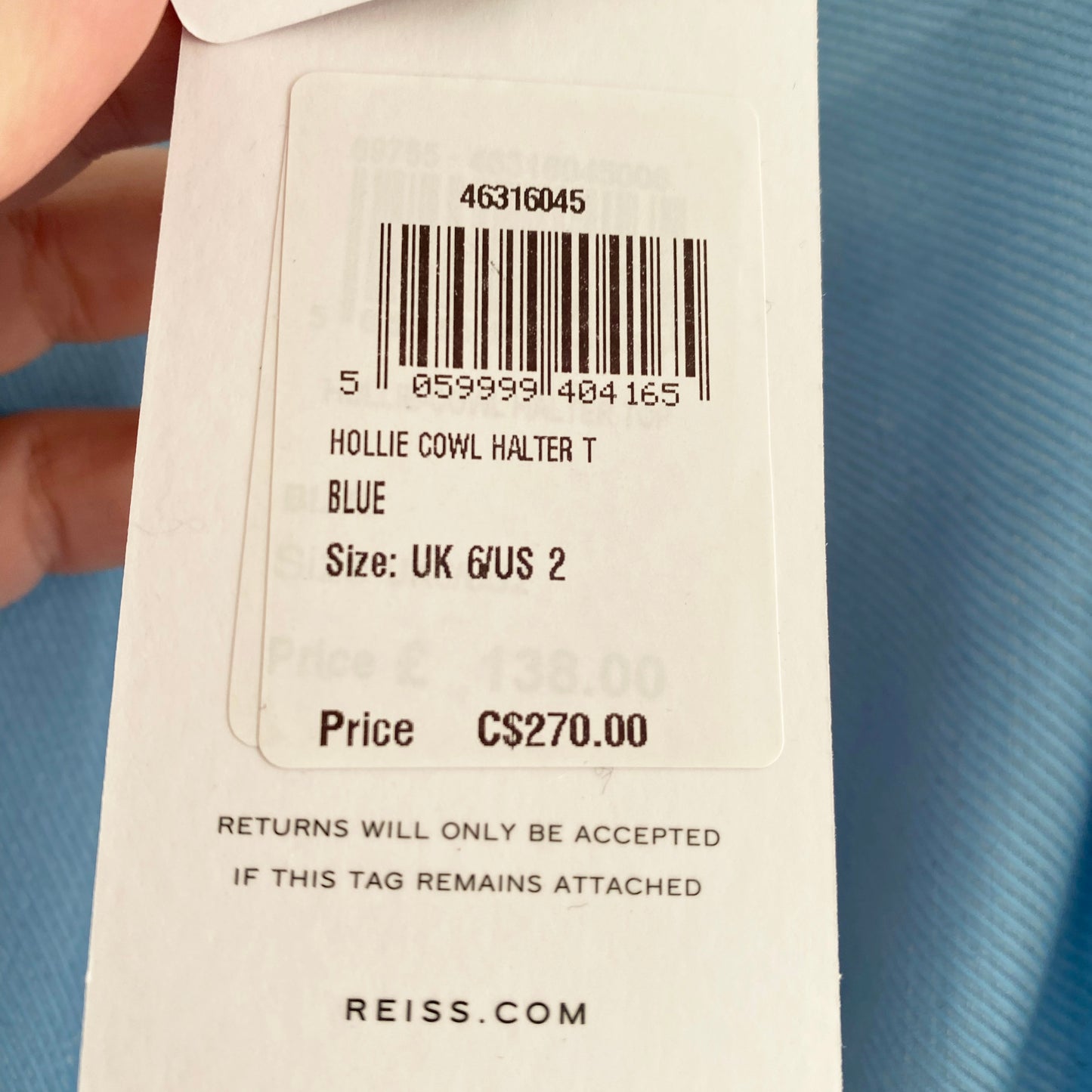 Reiss "Hollie" Linen Blend Halter Top in Blue, size 2US(6UK)