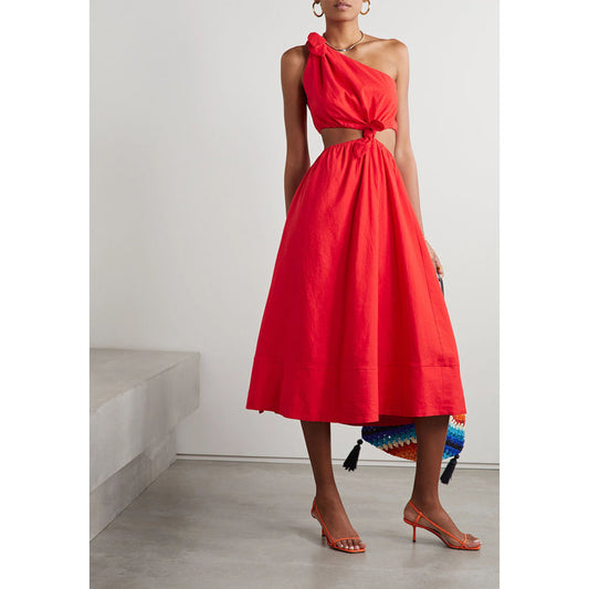 Farm Rio Red Linen One Shoulder Dress, size Small