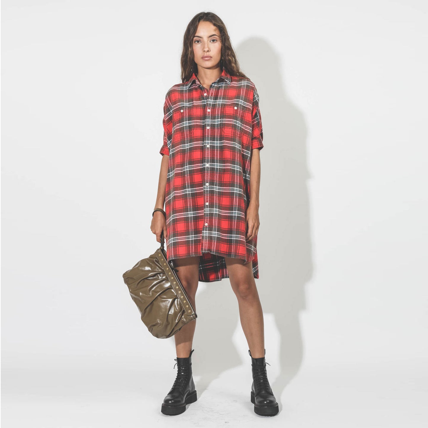 R13 Oversize Plaid Shirtdress in Red, size XXS (fits oversize)