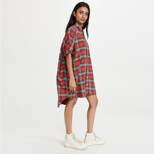 R13 Oversize Plaid Shirtdress in Red, size XXS (fits oversize)
