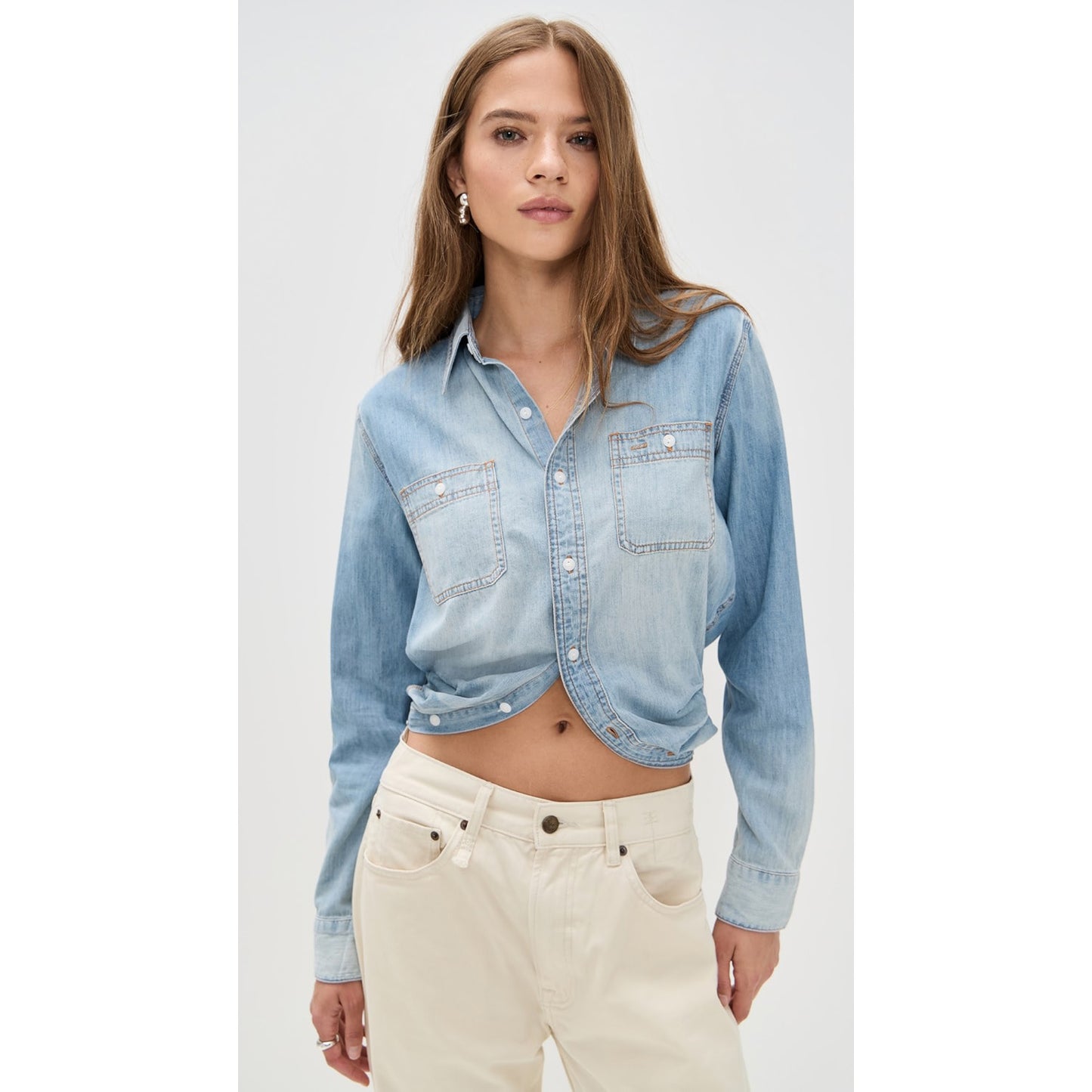 R13 Wrap Around Denim Work Shirt in "River Blue", size XS