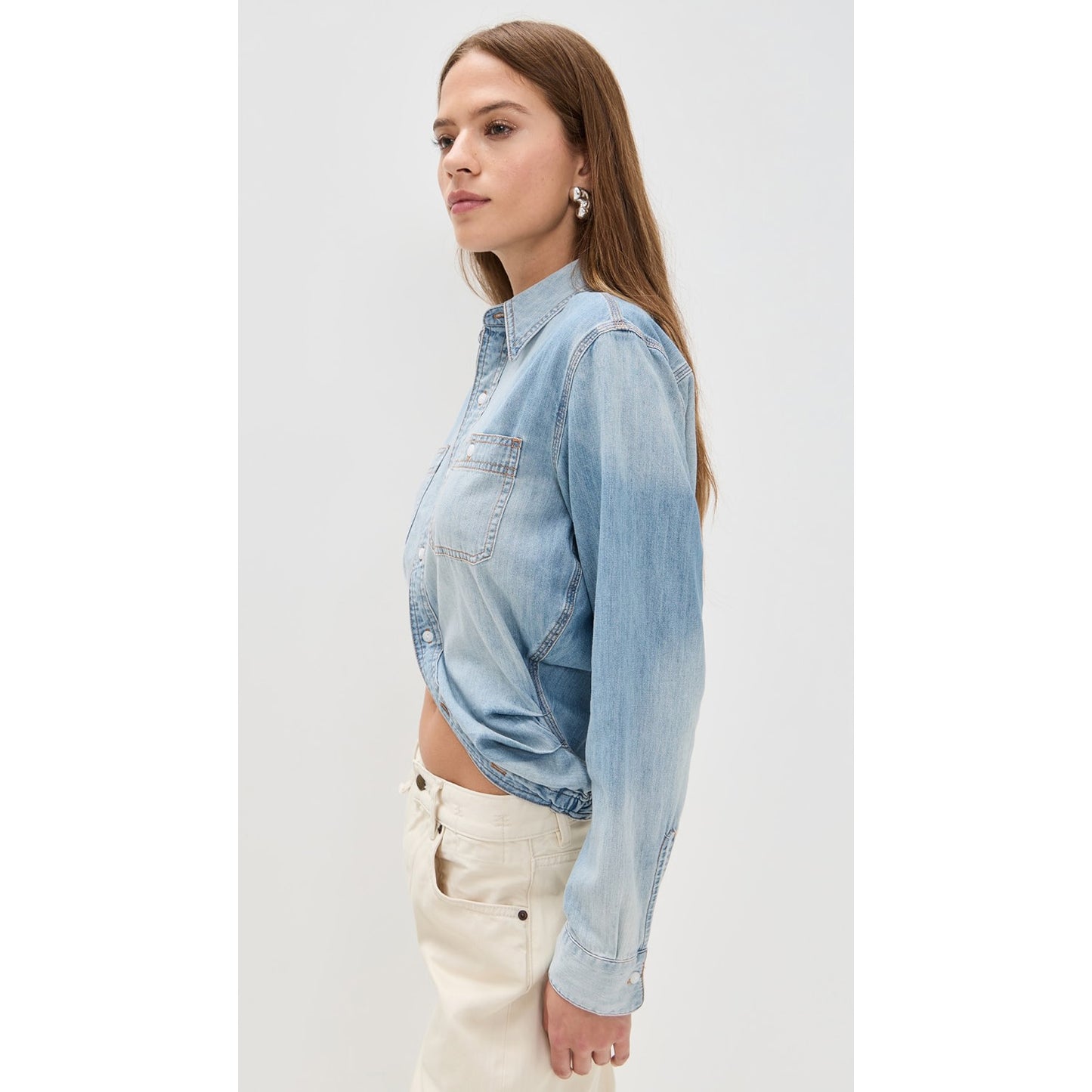 R13 Wrap Around Denim Work Shirt in "River Blue", size XS