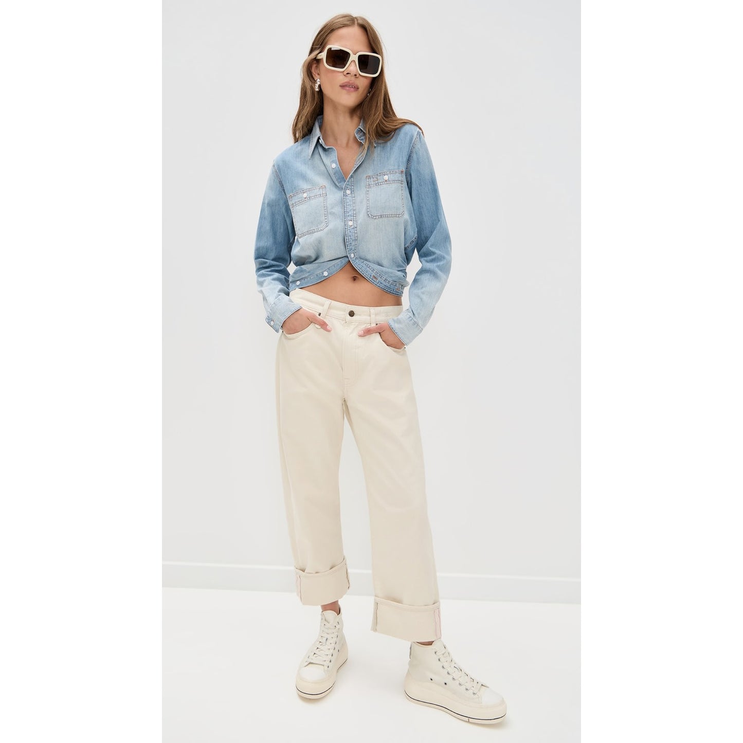 R13 Wrap Around Denim Work Shirt in "River Blue", size XS