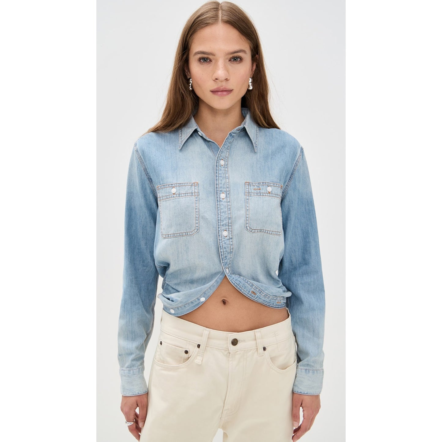R13 Wrap Around Denim Work Shirt in "River Blue", size XS