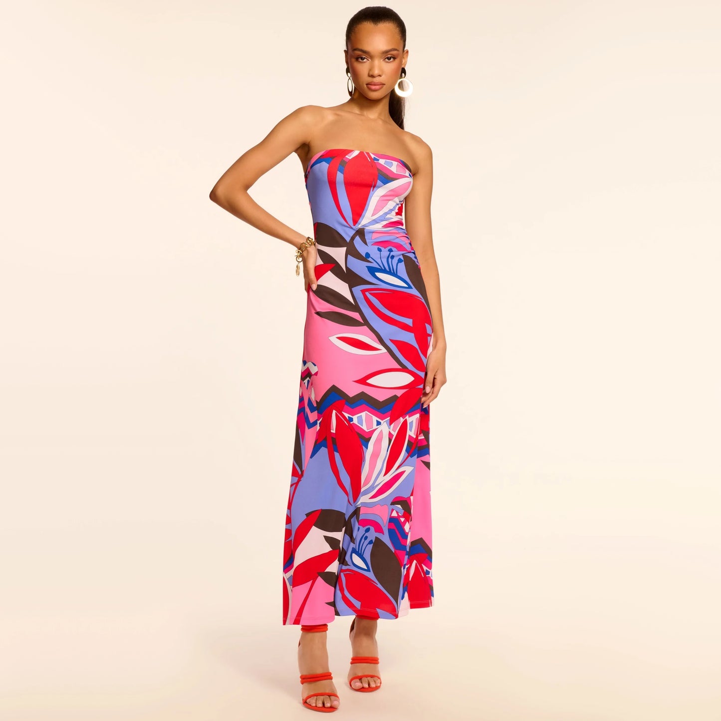 Ramy Brook "Bernarda" Jersey Strapless Maxi Dress in Rosa Multicolour, size Small