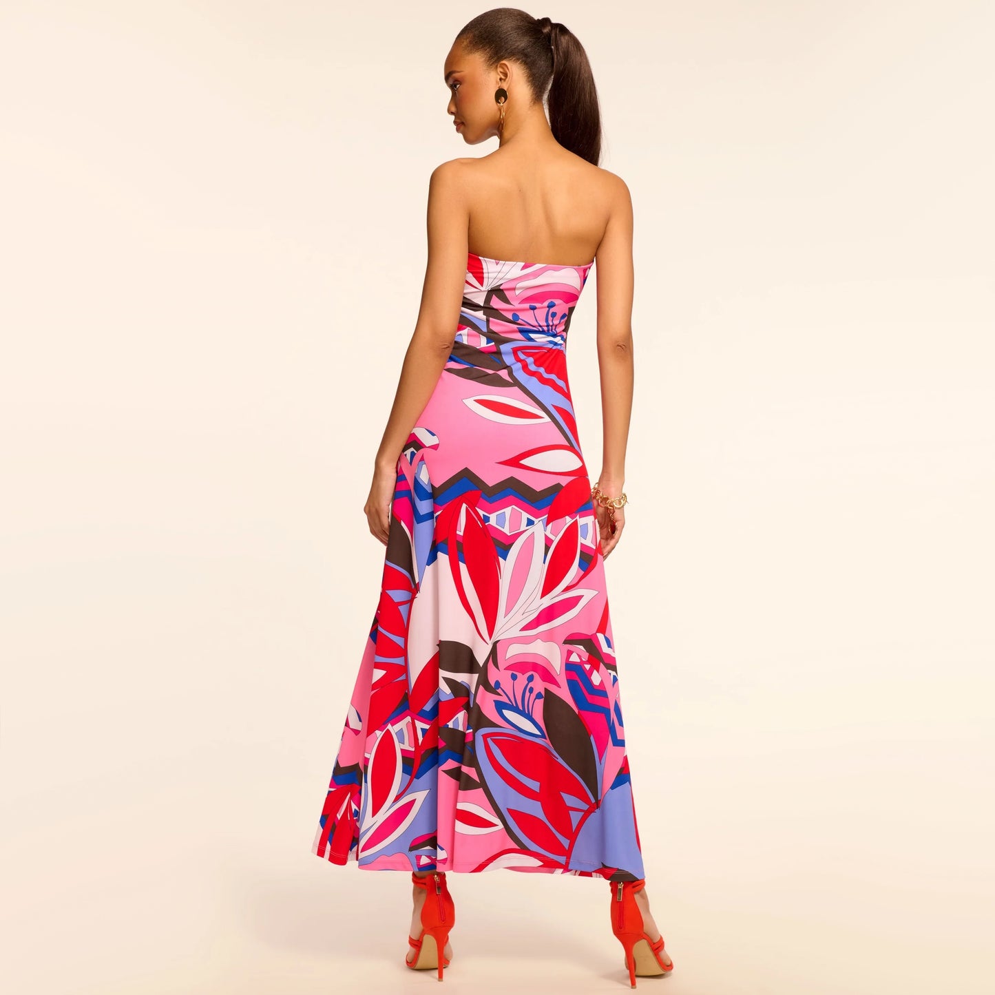 Ramy Brook "Bernarda" Jersey Strapless Maxi Dress in Rosa Multicolour, size Small