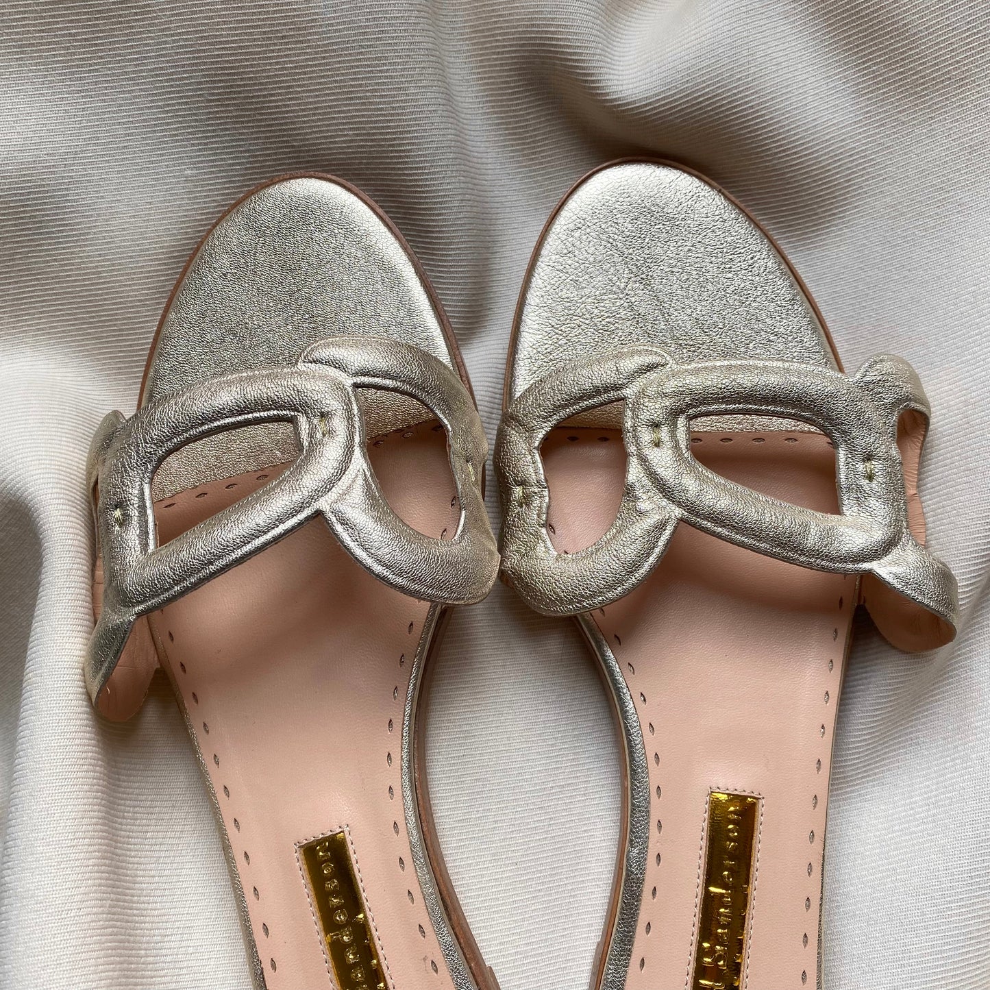 Rupert Sanderson gold “emblem” strap sandals, size 42. Fits like a size 11.5