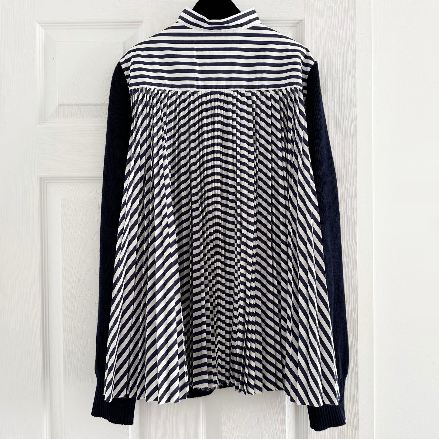 Sacai Wool Knit x Cotton Poplin Cardigan in Navy/Navy Stripe, size "4"