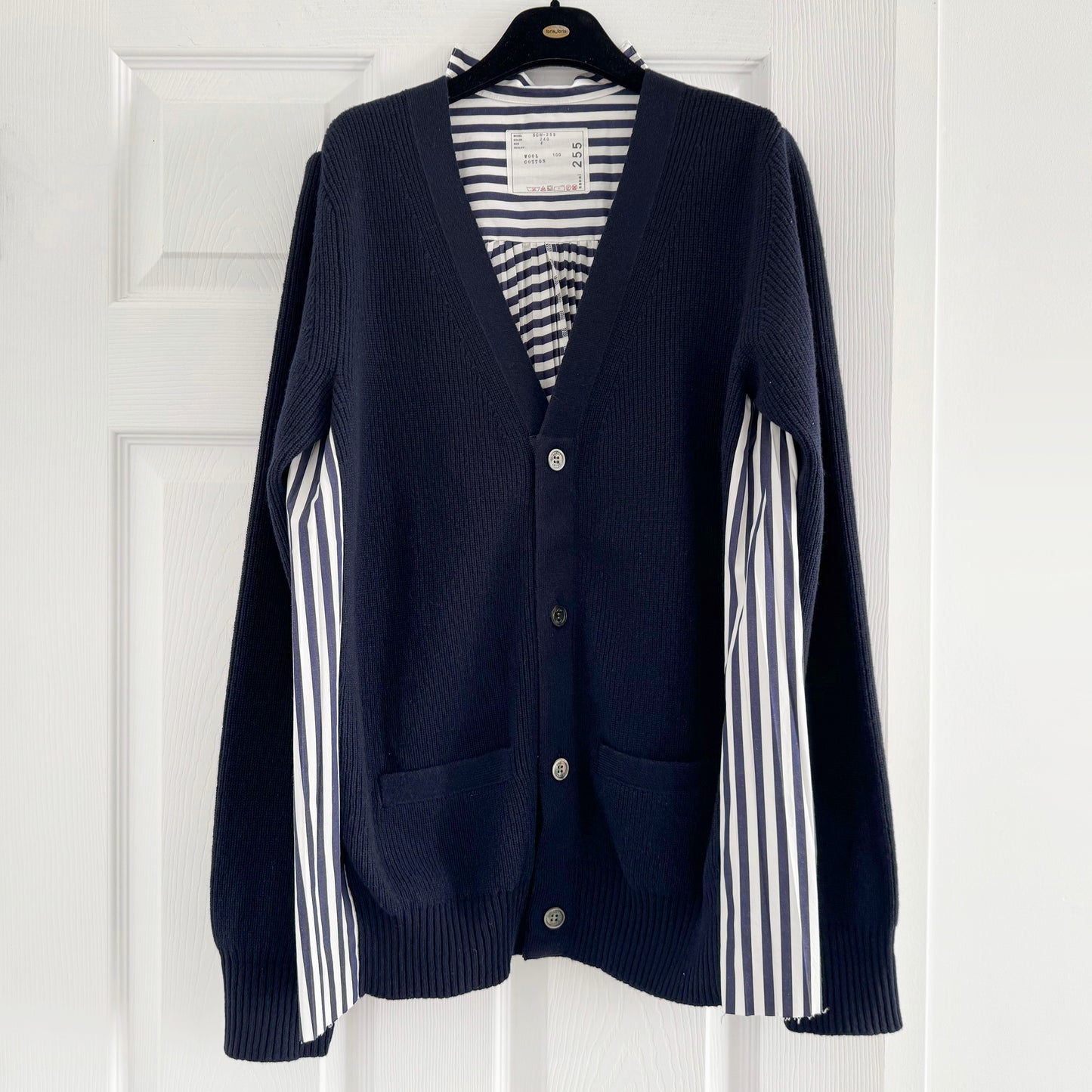 Sacai Wool Knit x Cotton Poplin Cardigan in Navy/Navy Stripe, size "4"