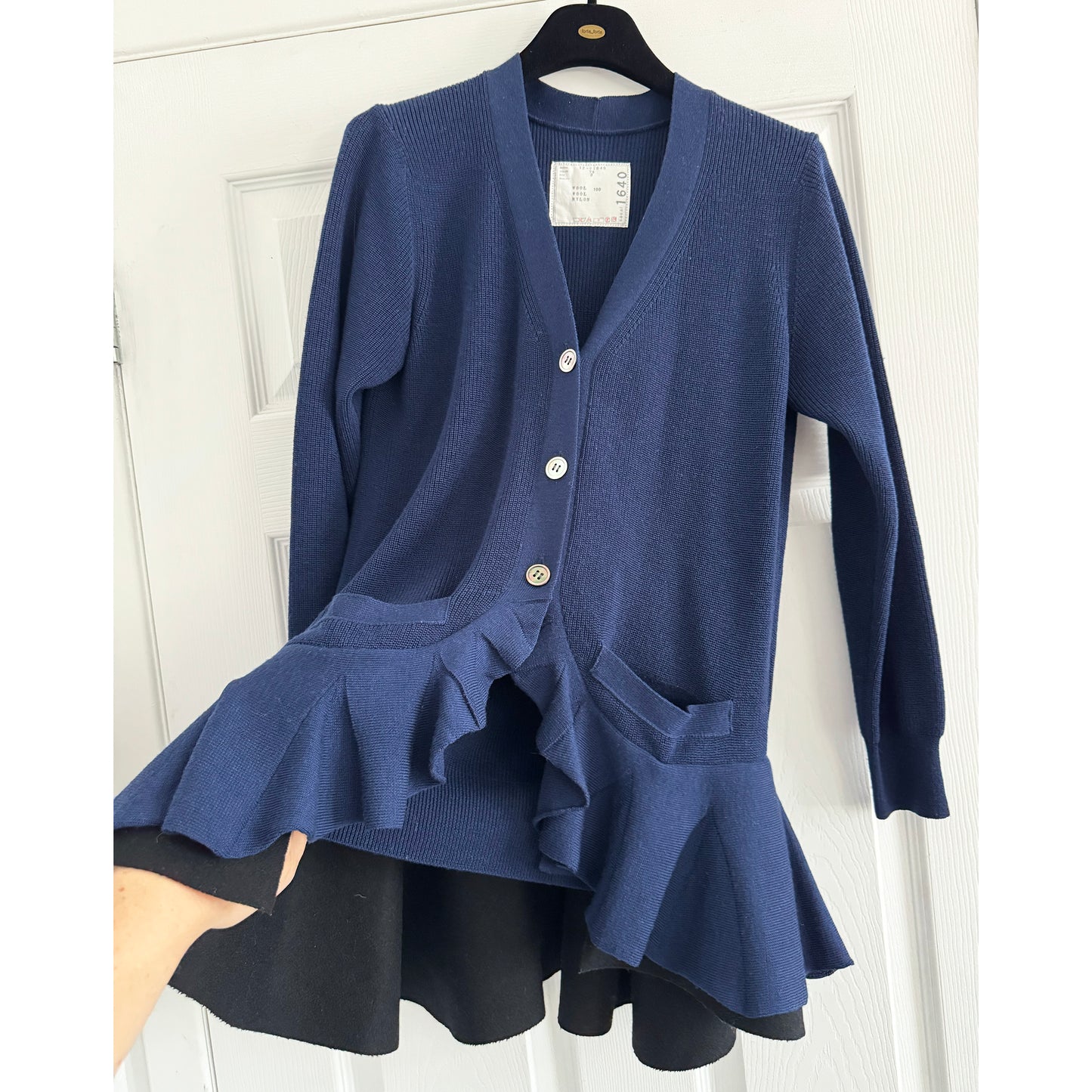 Sacai Peplum Cardigan in Navy/Black, size "3" (Medium)