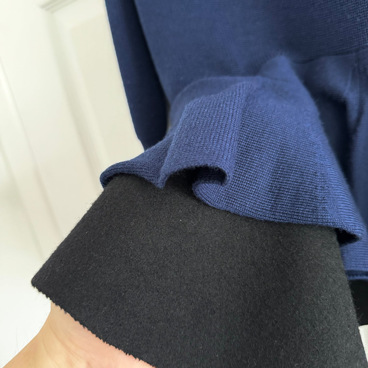 Sacai Peplum Cardigan in Navy/Black, size "3" (Medium)
