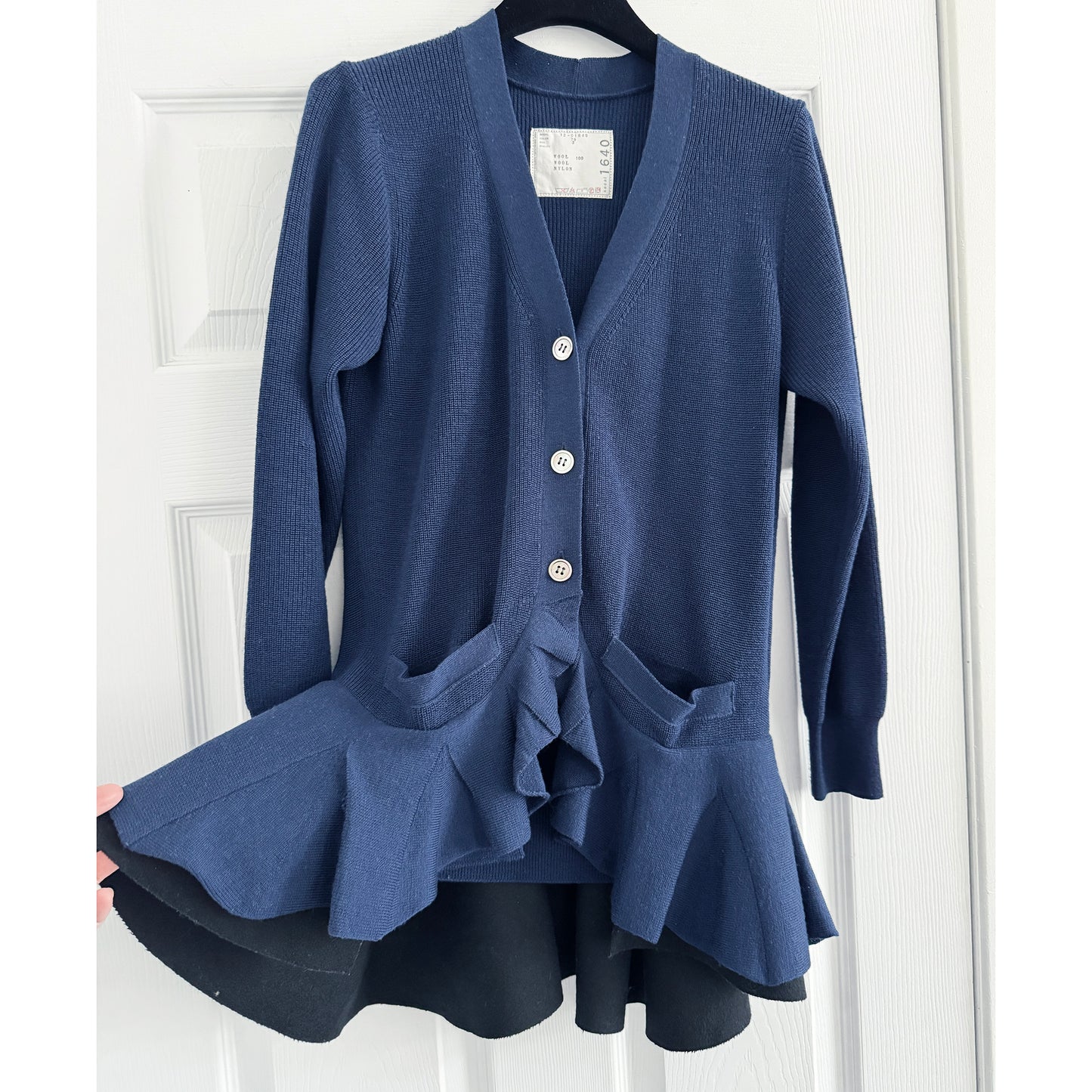 Sacai Peplum Cardigan in Navy/Black, size "3" (Medium)