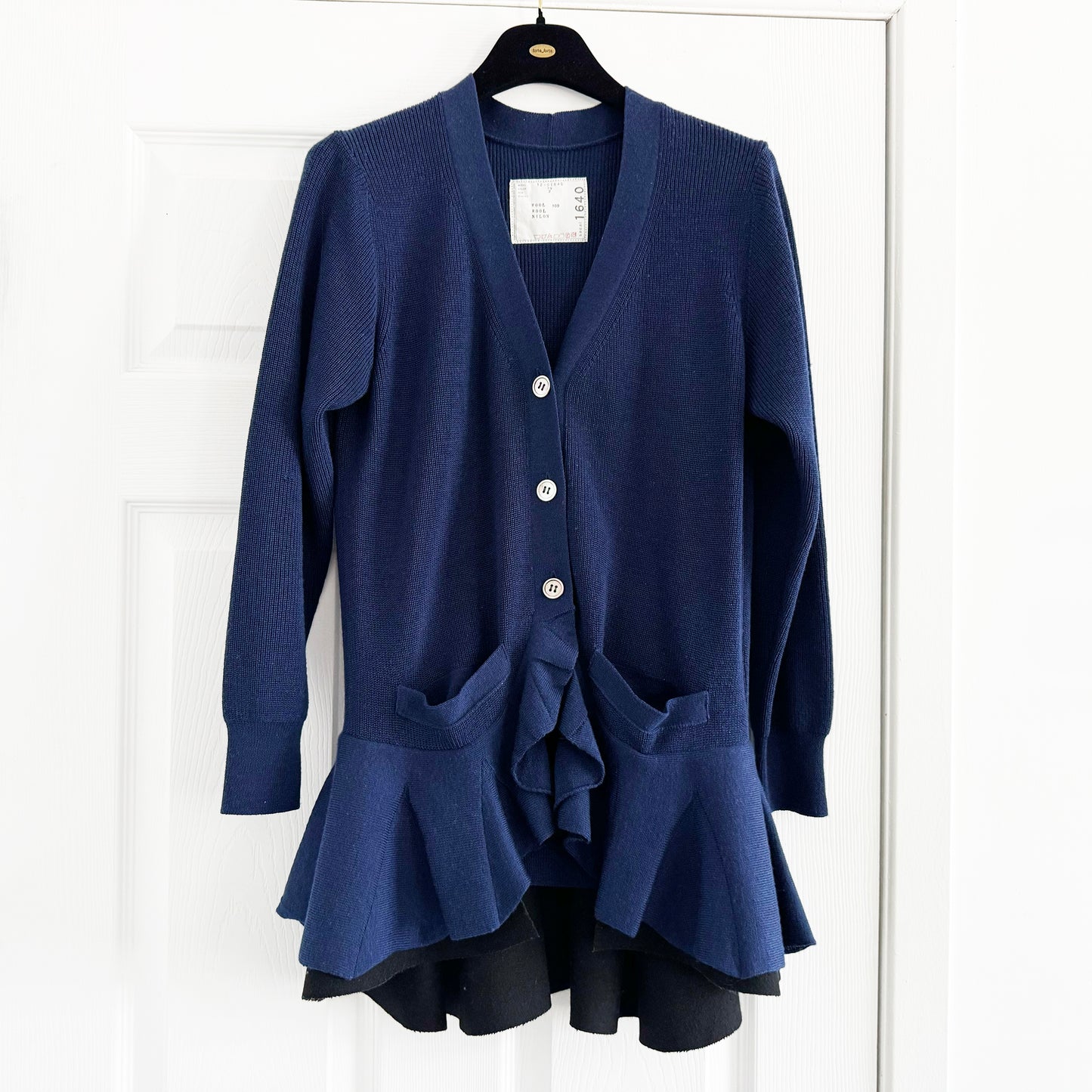 Sacai Peplum Cardigan in Navy/Black, size "3" (Medium)