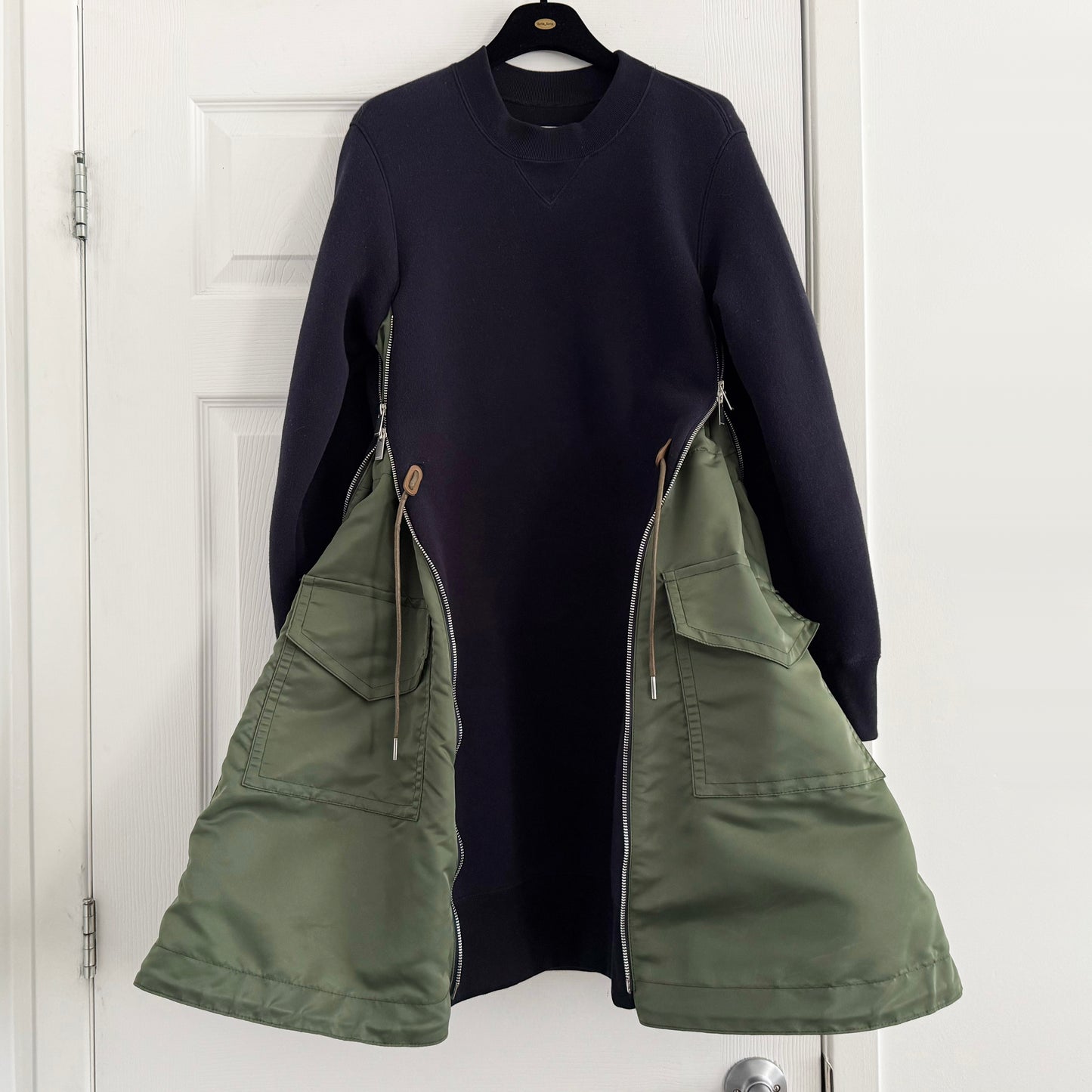 Sacai Sponge Sweat x Nylon Twill Dress in Navy/Khaki, size "4" (size M/L)