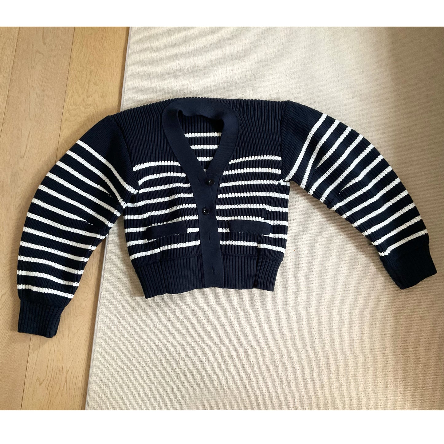 Sacai Horizontal Stripe Knit Cardigan in Navy, size Small