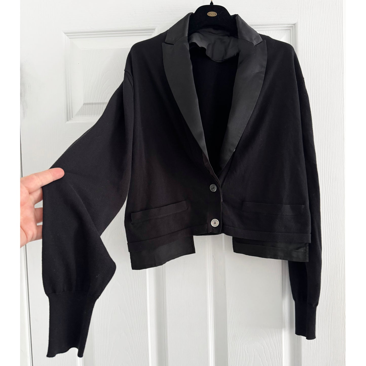 Sacai Cropped Tuxedo Cardigan in Black, fits size XS/S