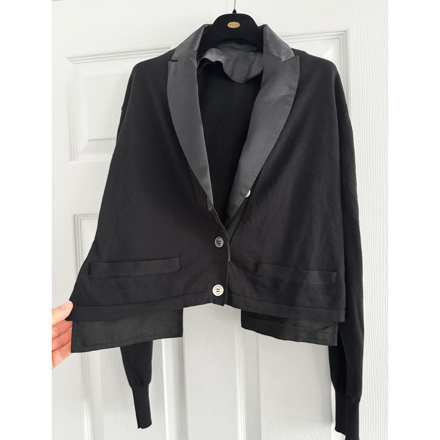Sacai Cropped Tuxedo Cardigan in Black, fits size XS/S