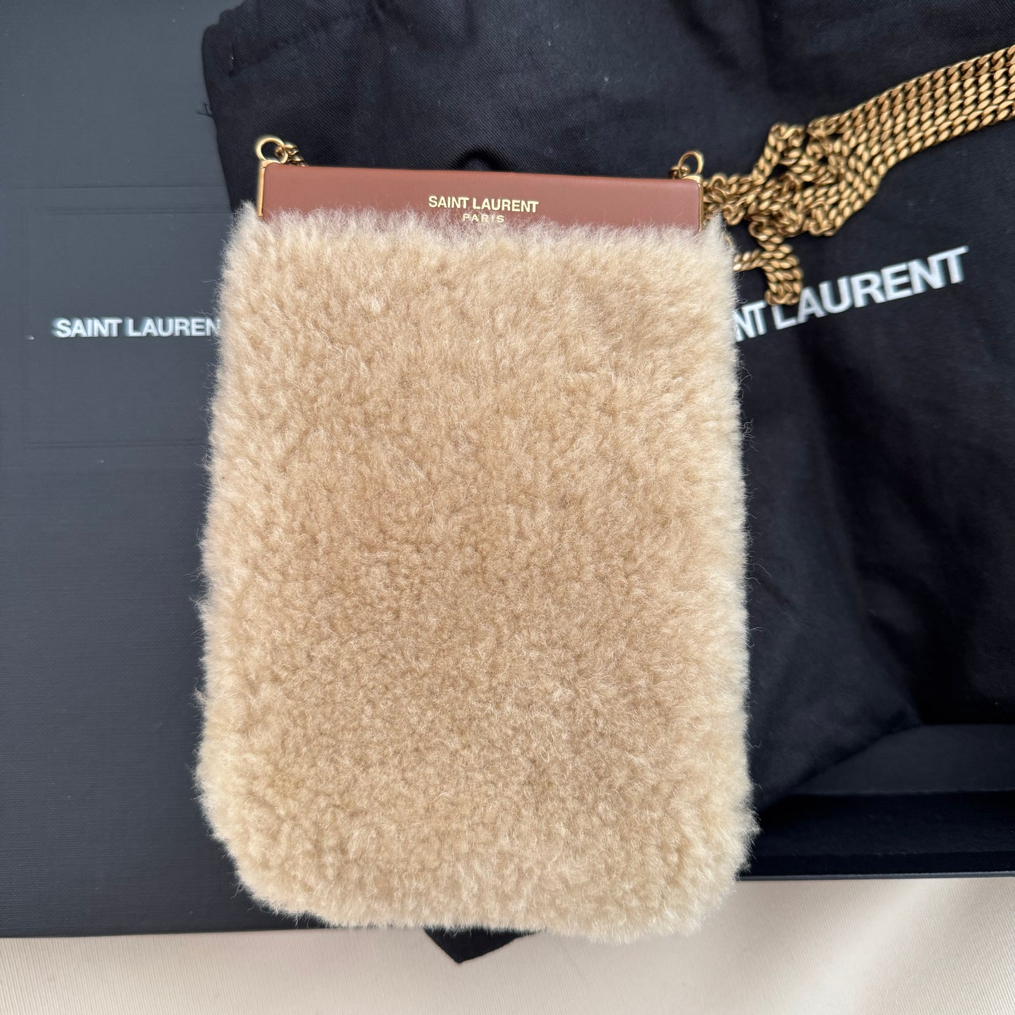 Saint Laurent Mini Shearling Crossbody Bag w Chain Strap