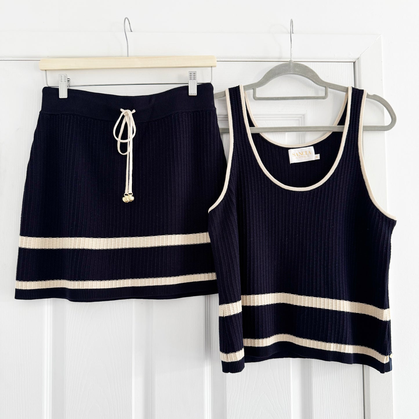 Sancia Australia Knit Skirt and Tank Set in Navy/Ivory Stripe, size S/M