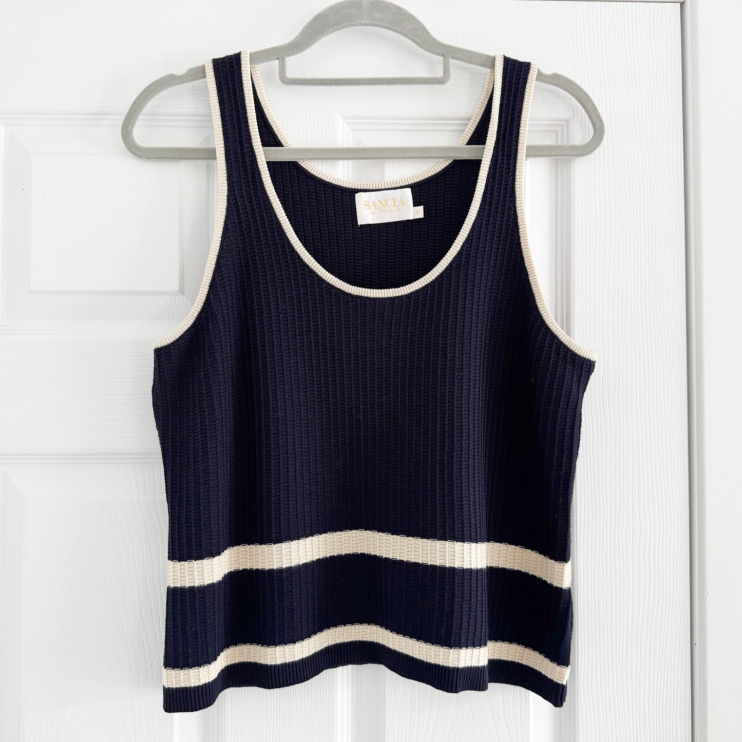 Sancia Australia Knit Skirt and Tank Set in Navy/Ivory Stripe, size S/M