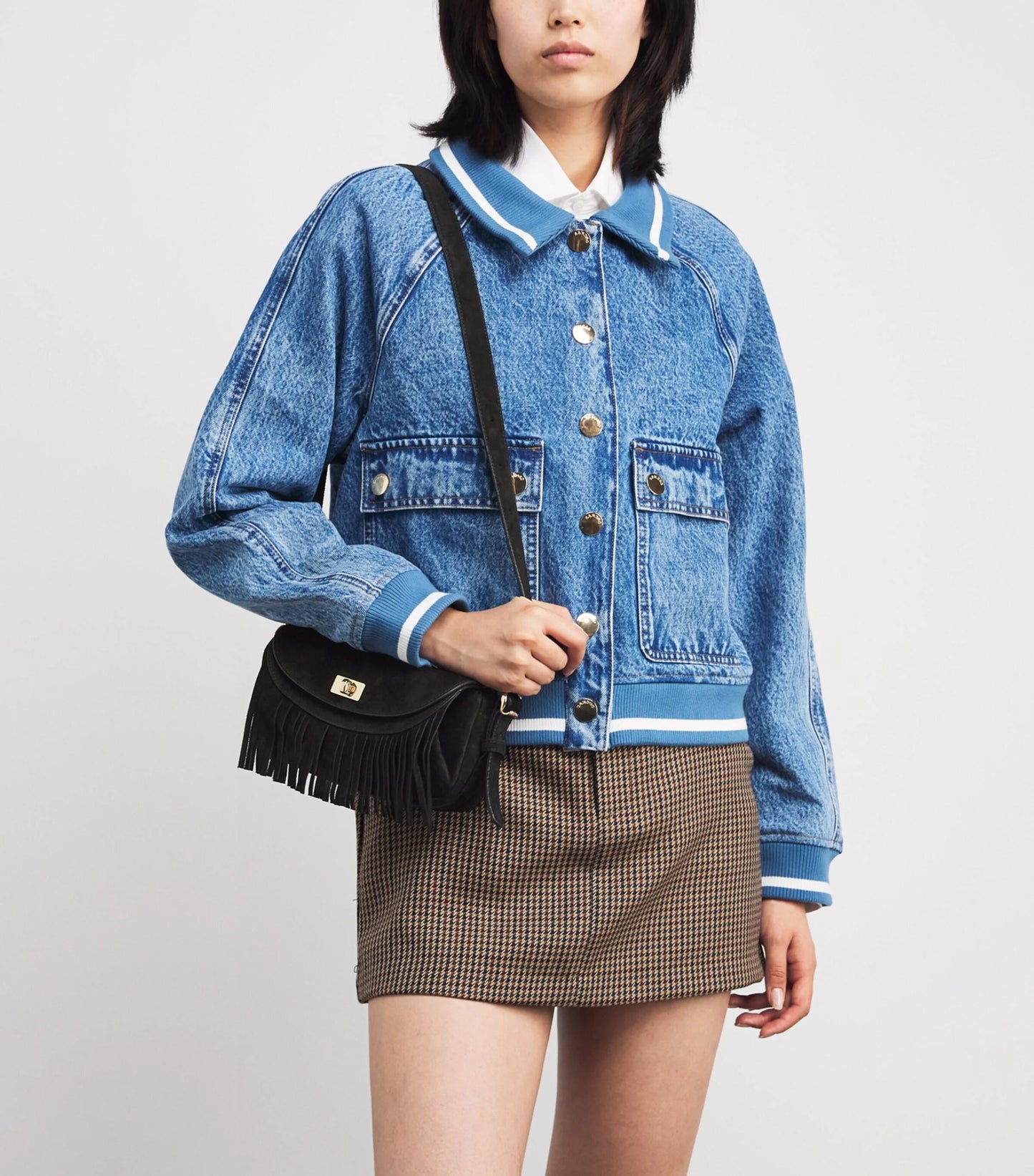 Sandro "Mini Mambo" Fringed Suede Bag in Black