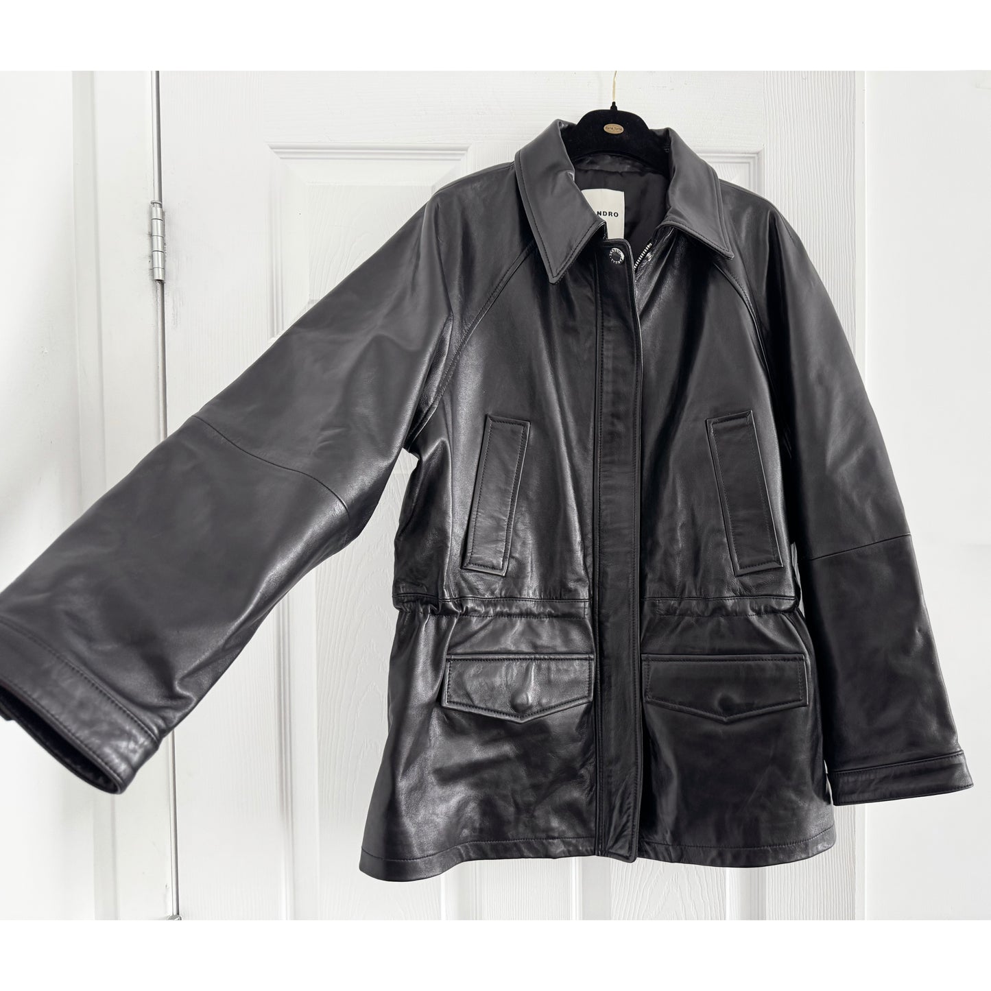 Sandro "Ashley" Smooth Leather Jacket in Black, size 36 (fits oversize, like S-M?)