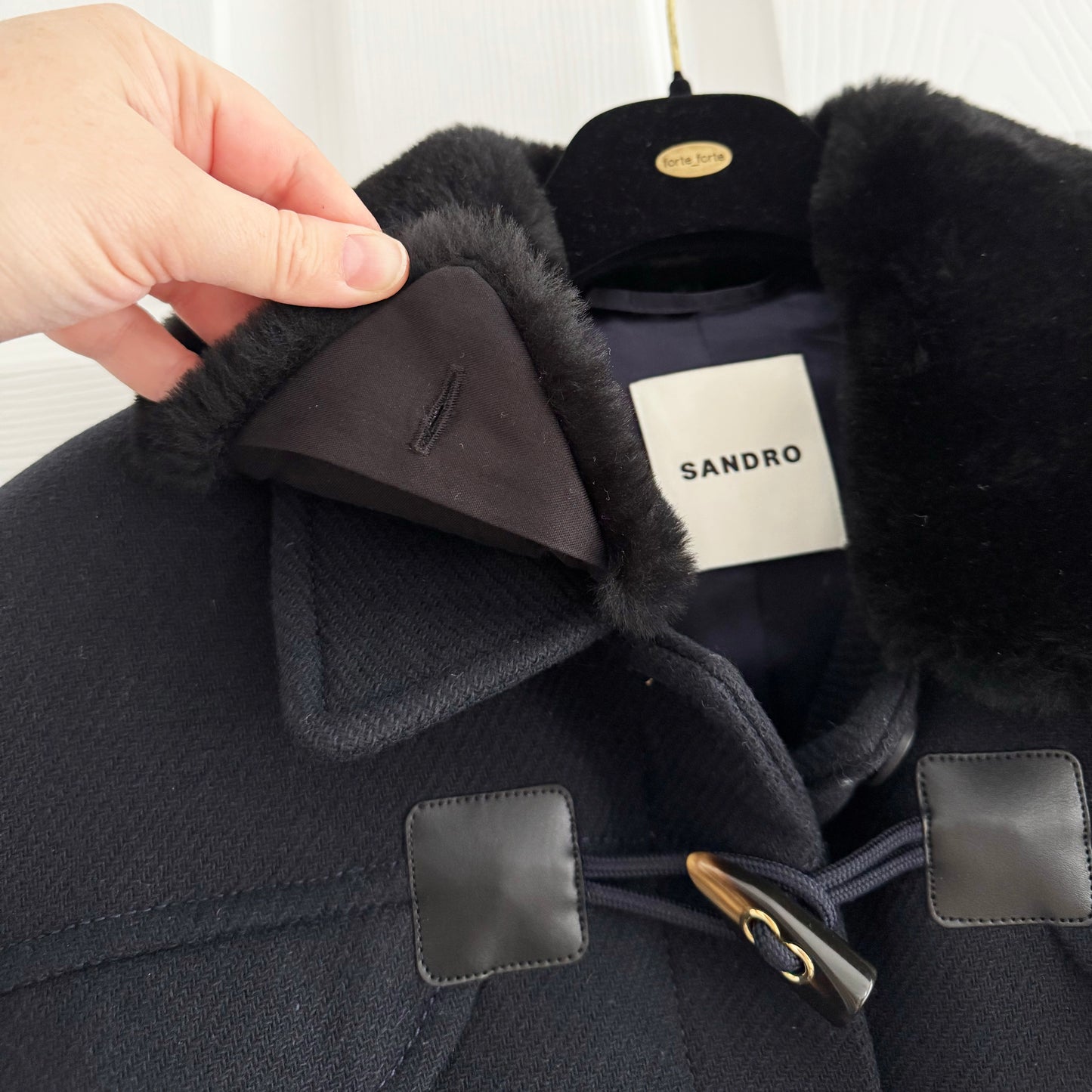 Sandro Toggle Button Coat with Shearling Collar in Navy, Size 38