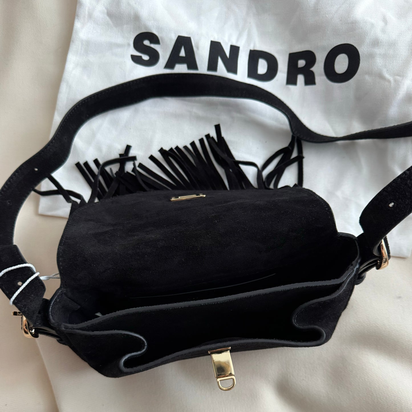Sandro "Mini Mambo" Fringed Suede Bag in Black