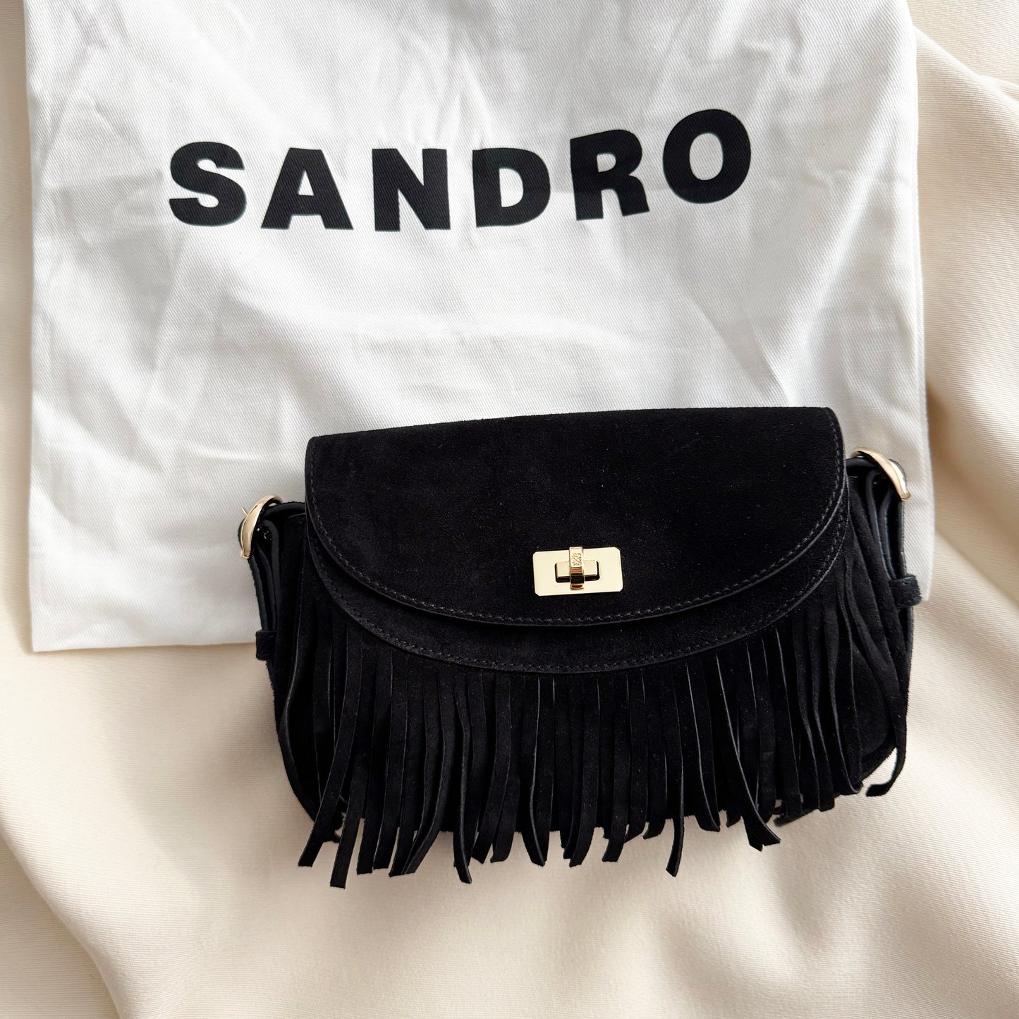 Sandro "Mini Mambo" Fringed Suede Bag in Black