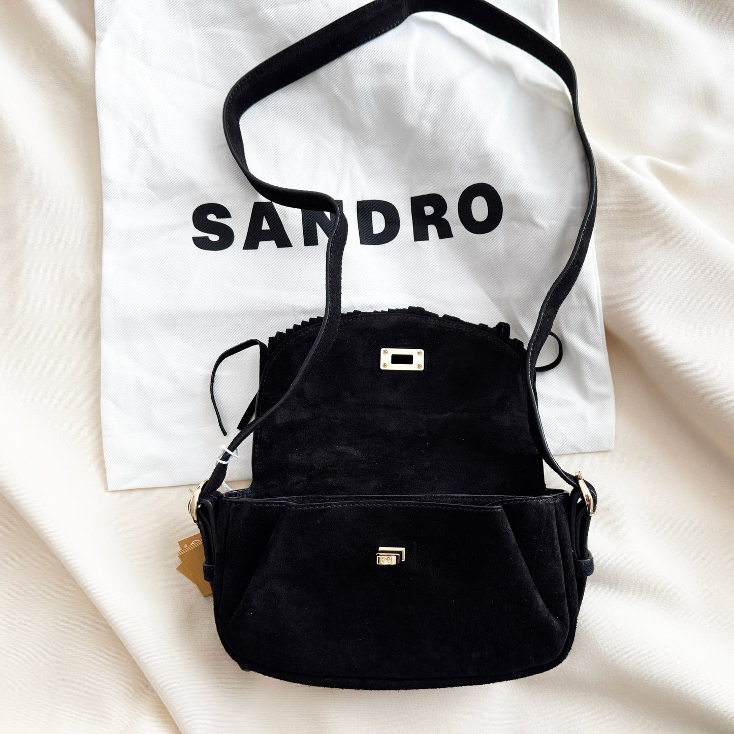 Sandro "Mini Mambo" Fringed Suede Bag in Black