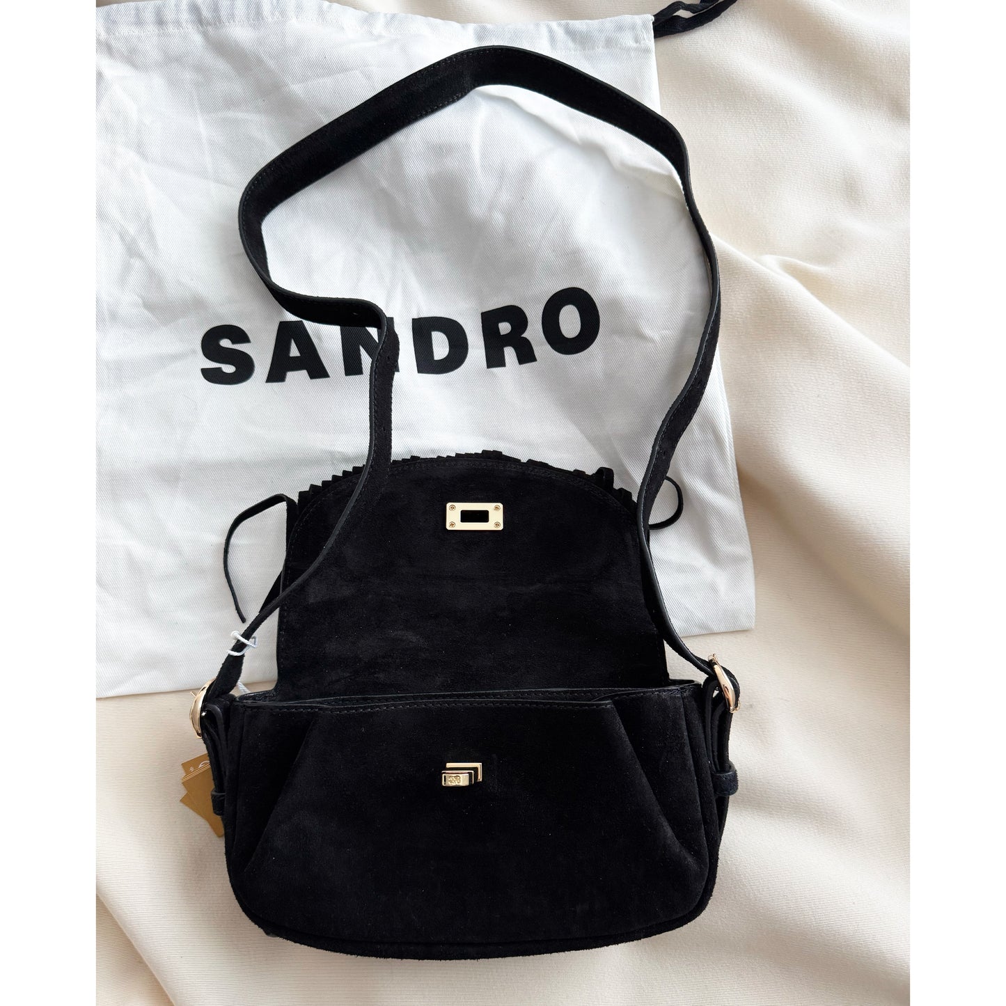 Sandro "Mini Mambo" Fringed Suede Bag in Black