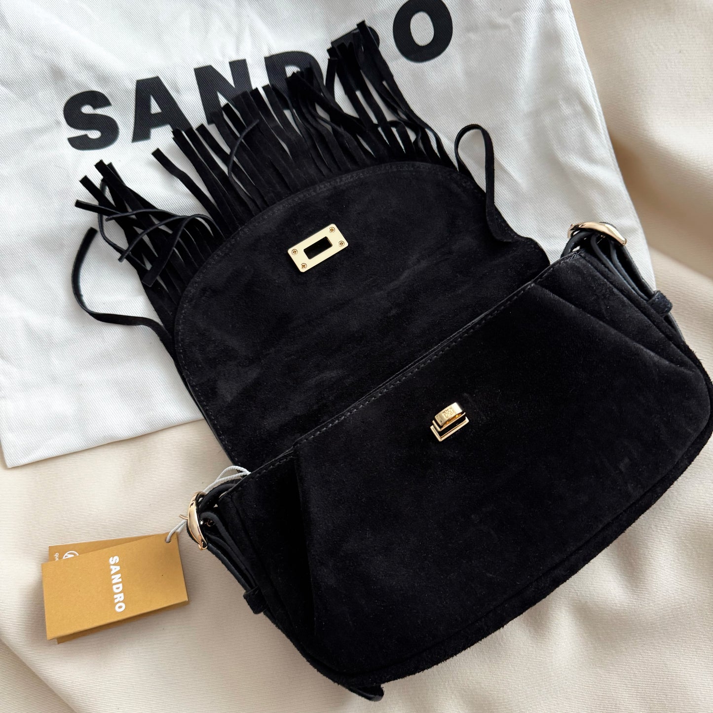Sandro "Mini Mambo" Fringed Suede Bag in Black